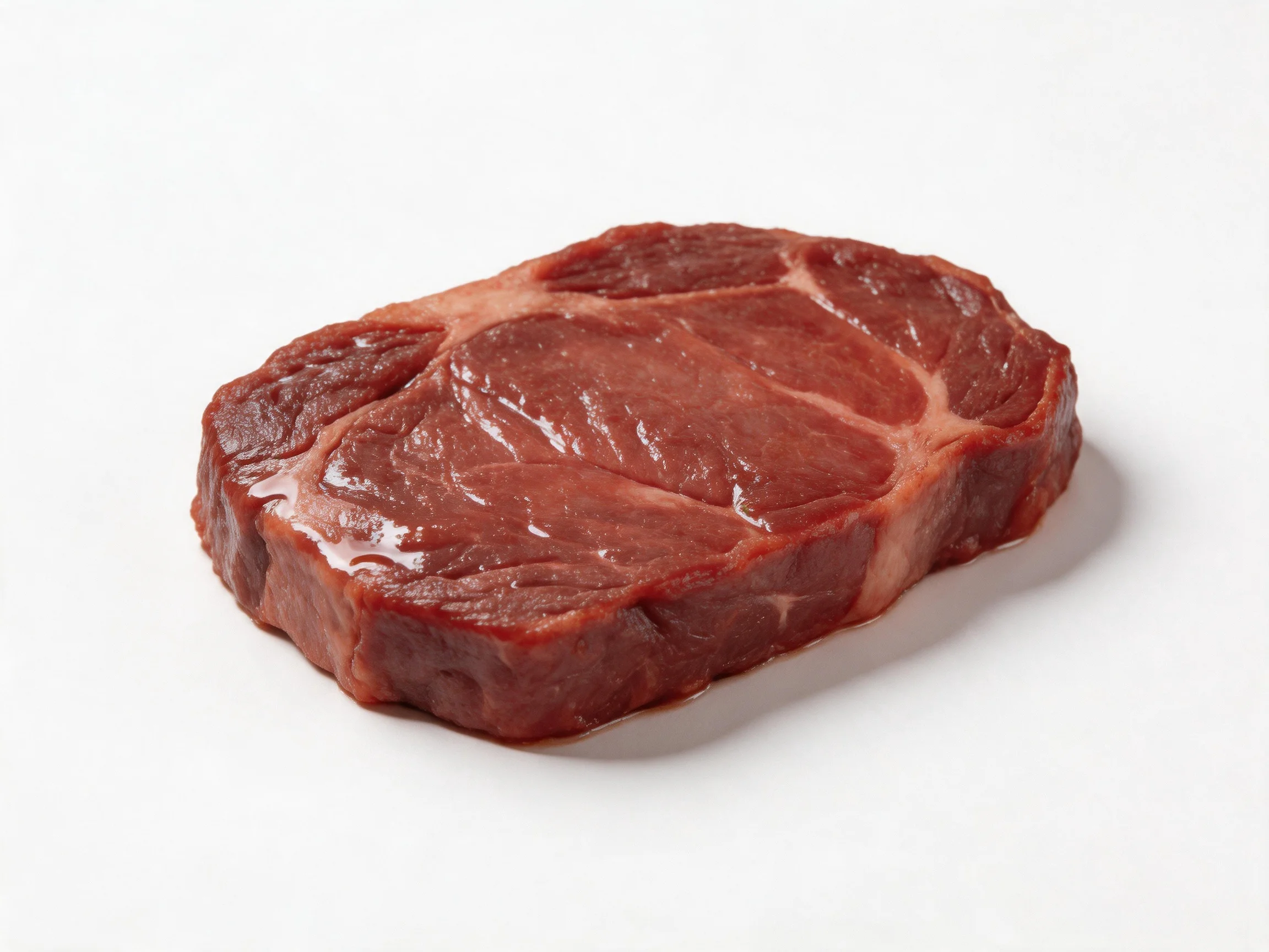 A fresh marbled red beef steak with visible fat layers