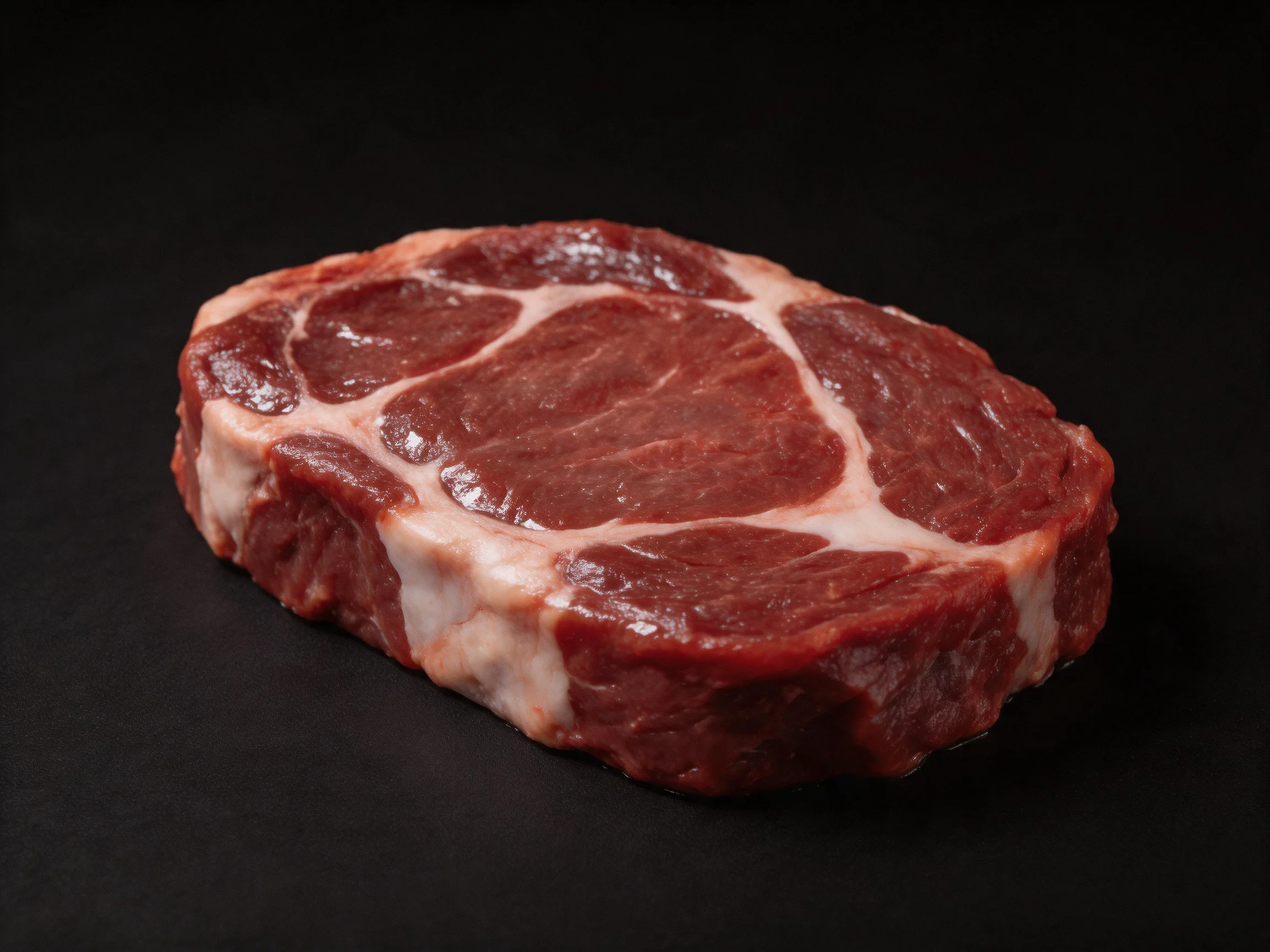 A fresh marbled red beef steak with white fat accents