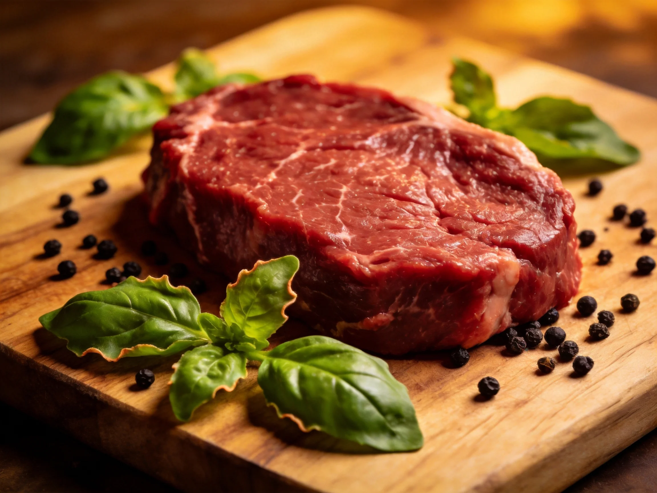 A fresh raw beef steak on a wooden cutting board with basil and peppercorns