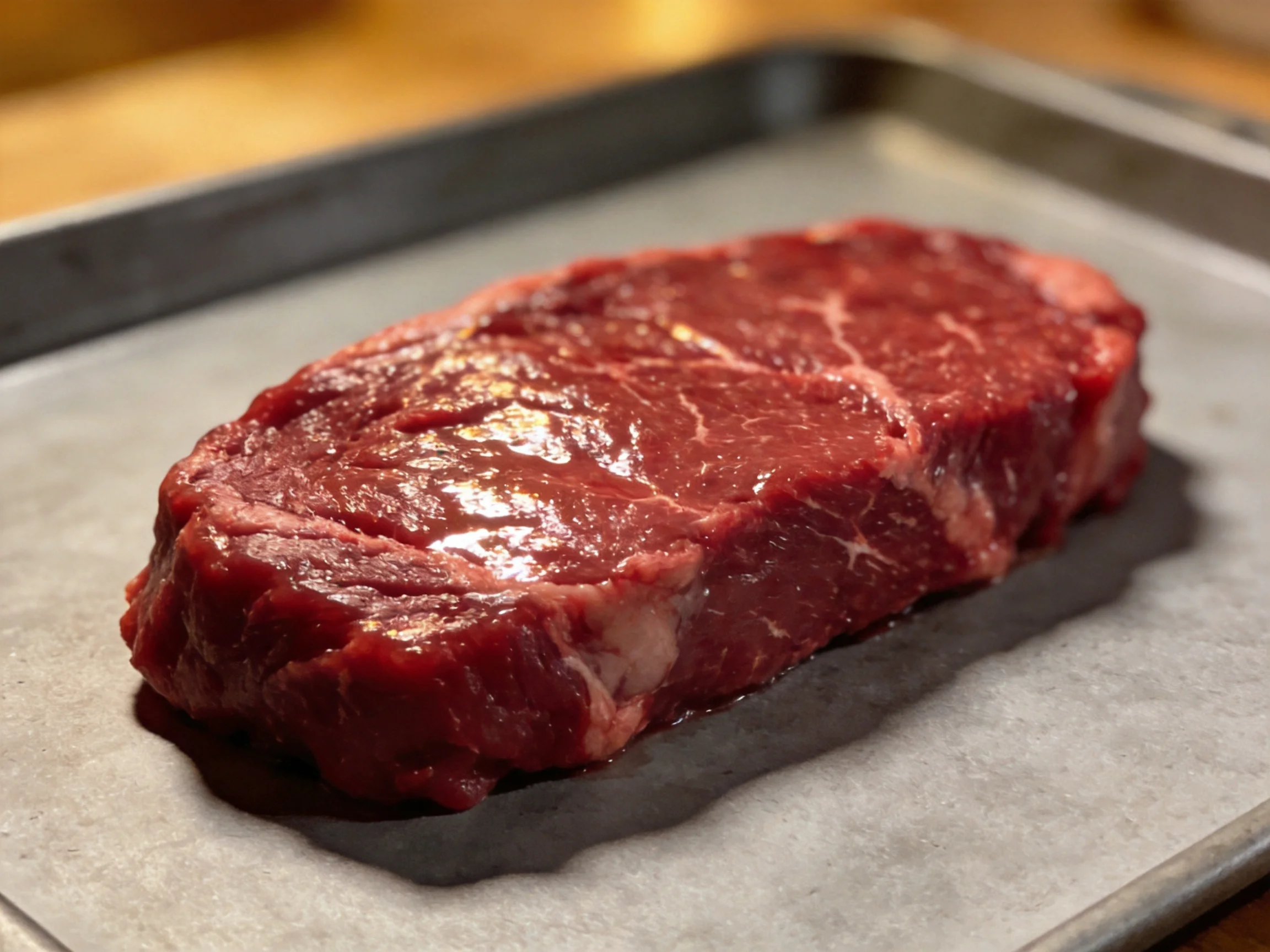 A fresh raw beef steak resting on a baking sheet with parchment paper