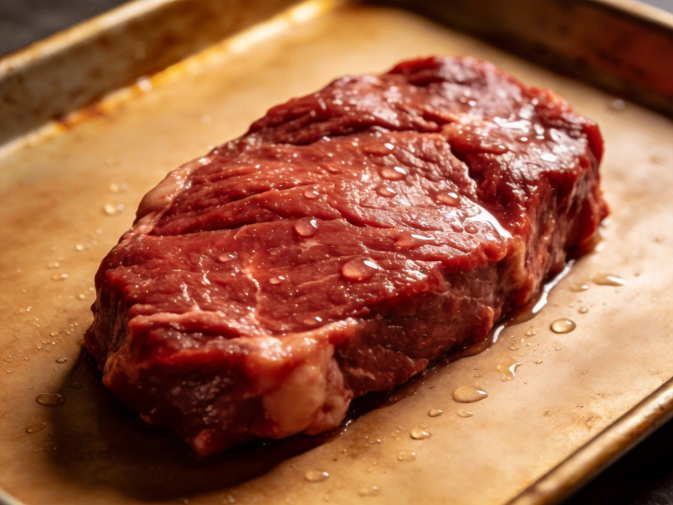A fresh raw beef steak resting on an aged baking tray