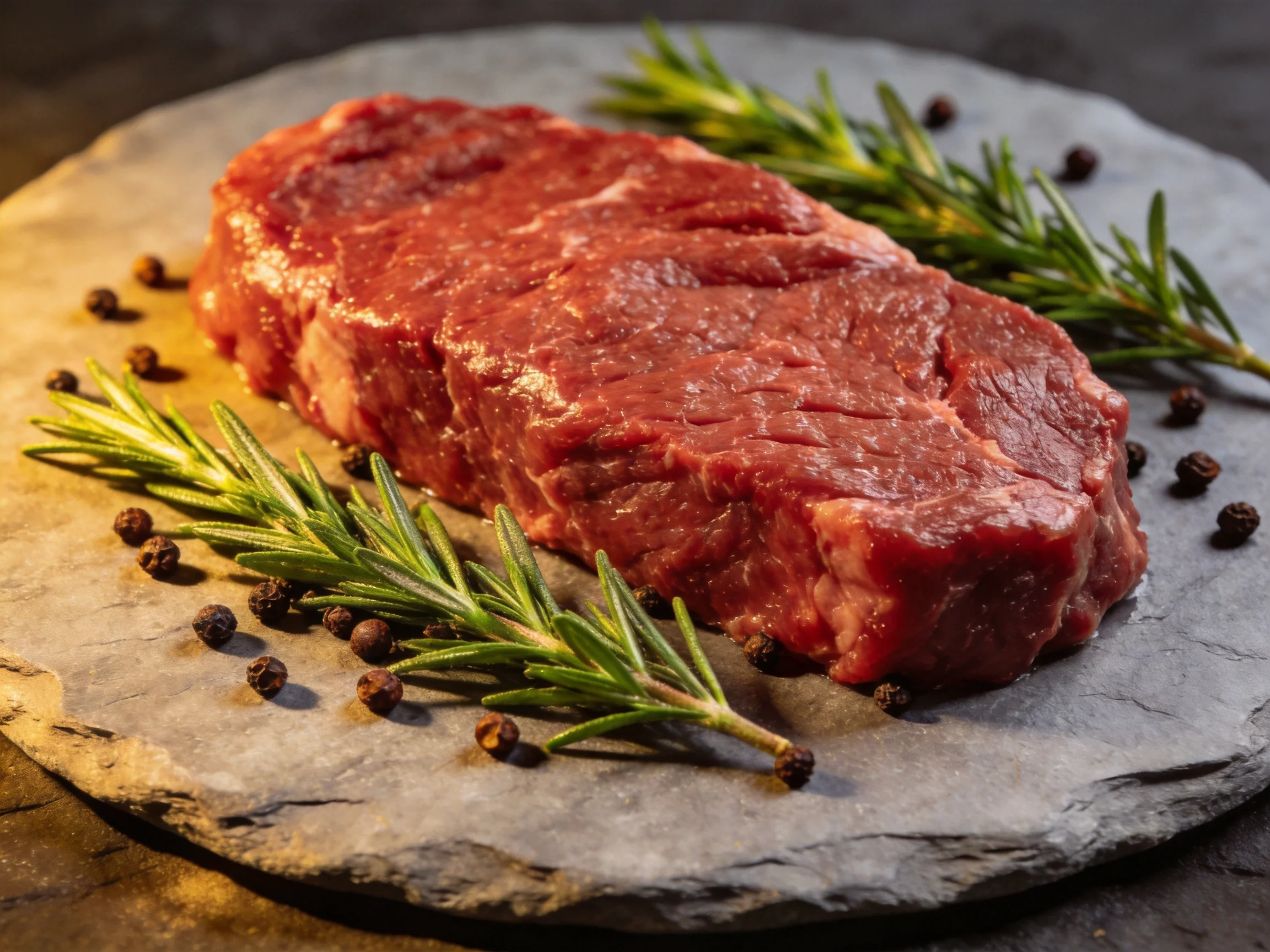 A fresh raw beef steak with rosemary and peppercorns on a stone platter