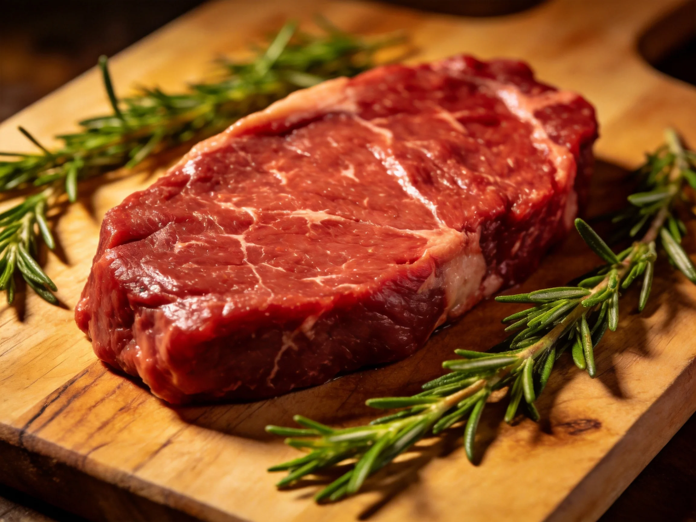 A fresh raw beef steak with rosemary sprigs on a wooden cutting board