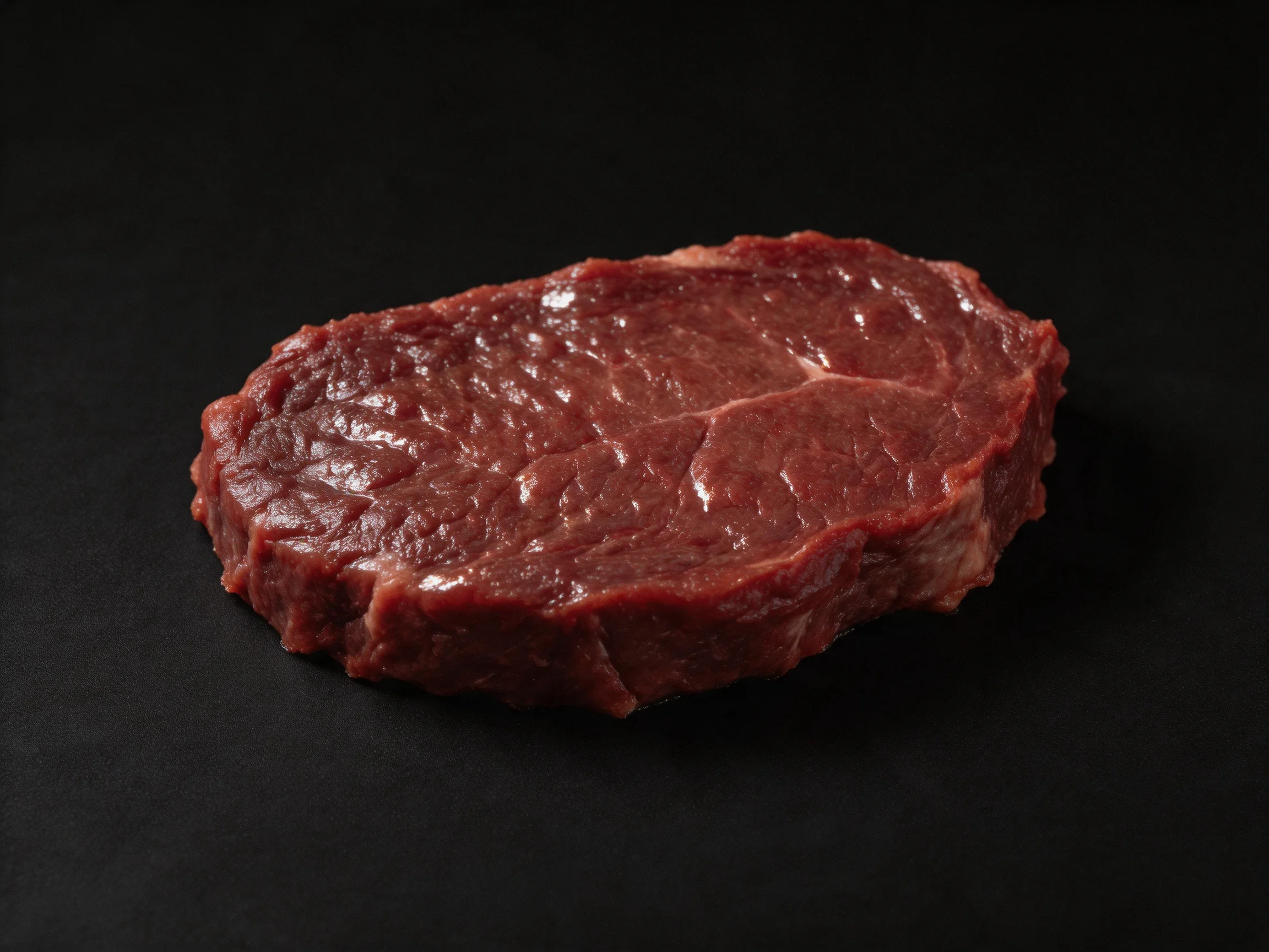 A fresh raw cut of beef displayed on a solid black surface