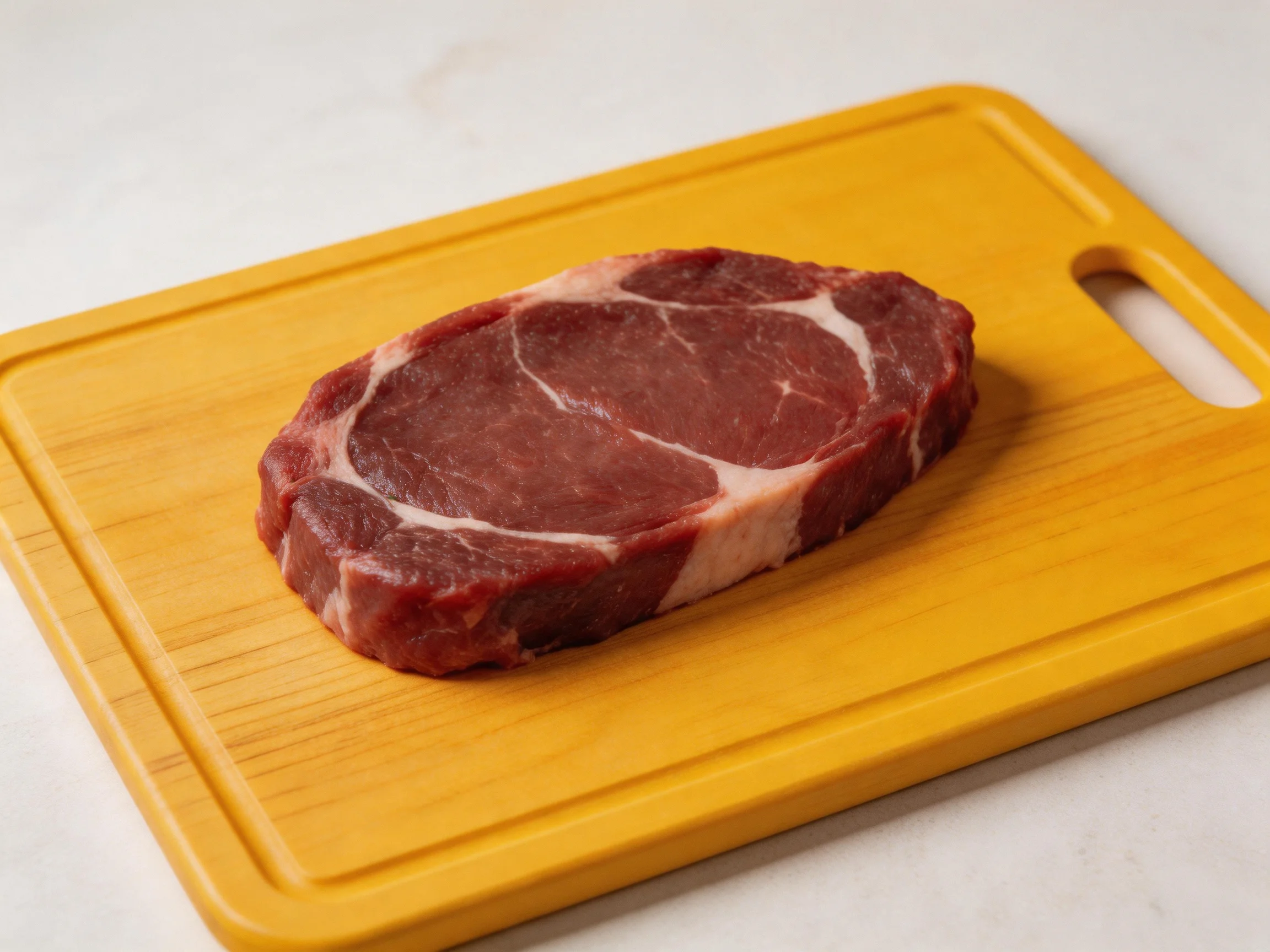 A fresh raw marbled steak on a yellow wooden cutting board