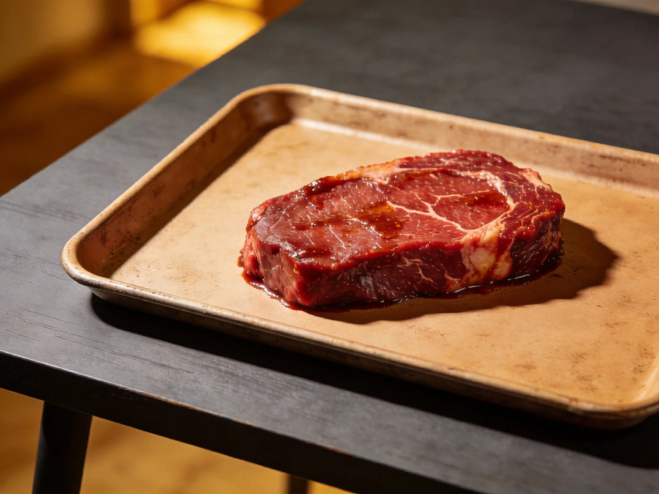 A fresh raw red steak rests on a weathered metal tray
