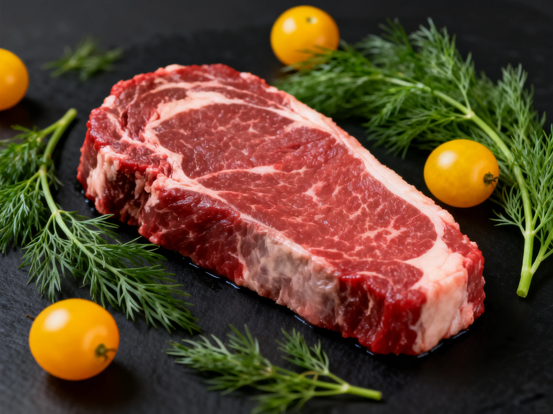 A fresh raw steak surrounded by yellow cherry tomatoes and green dill