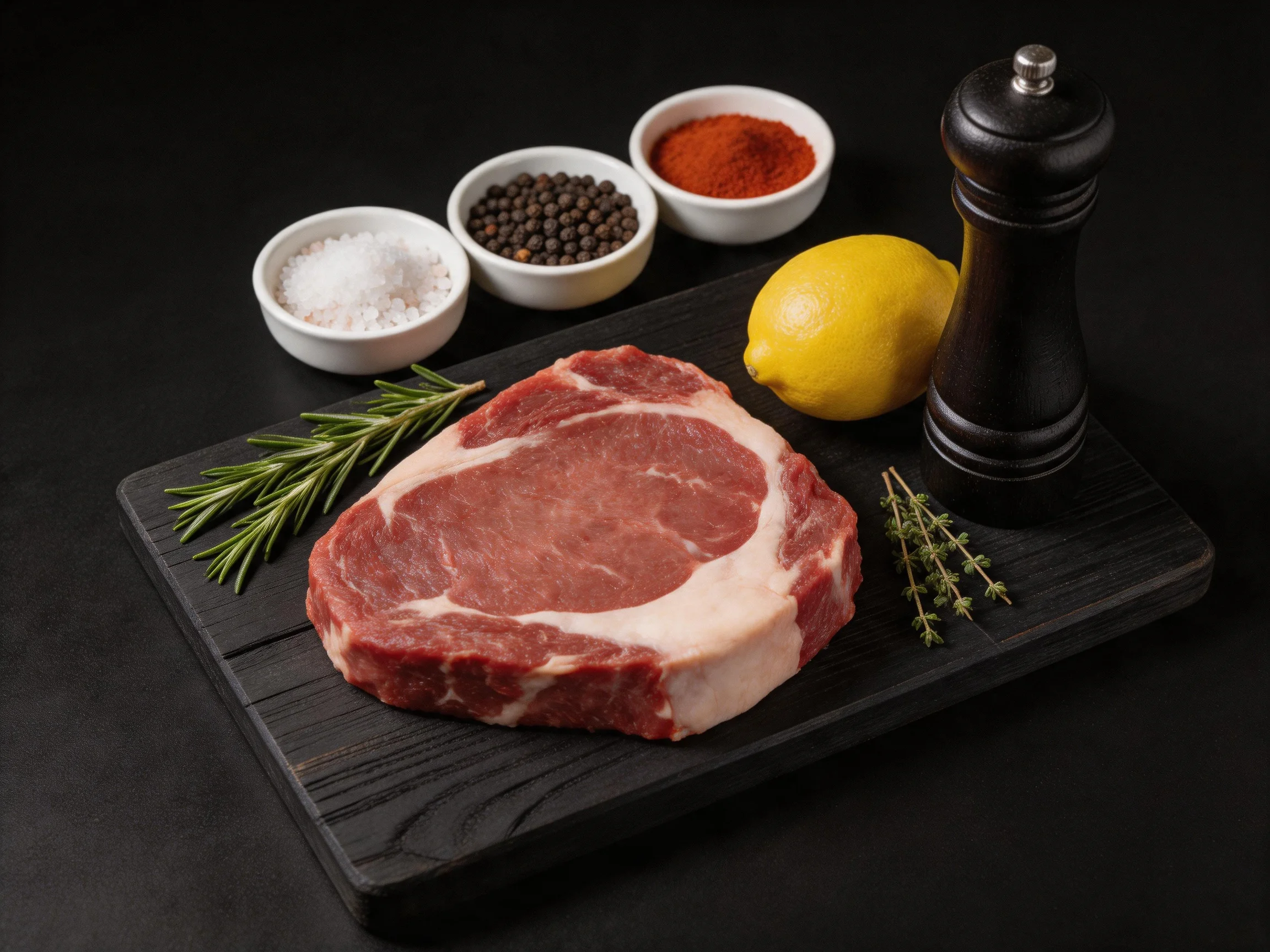 A fresh raw steak with herbs, lemon, and spice containers on dark wood