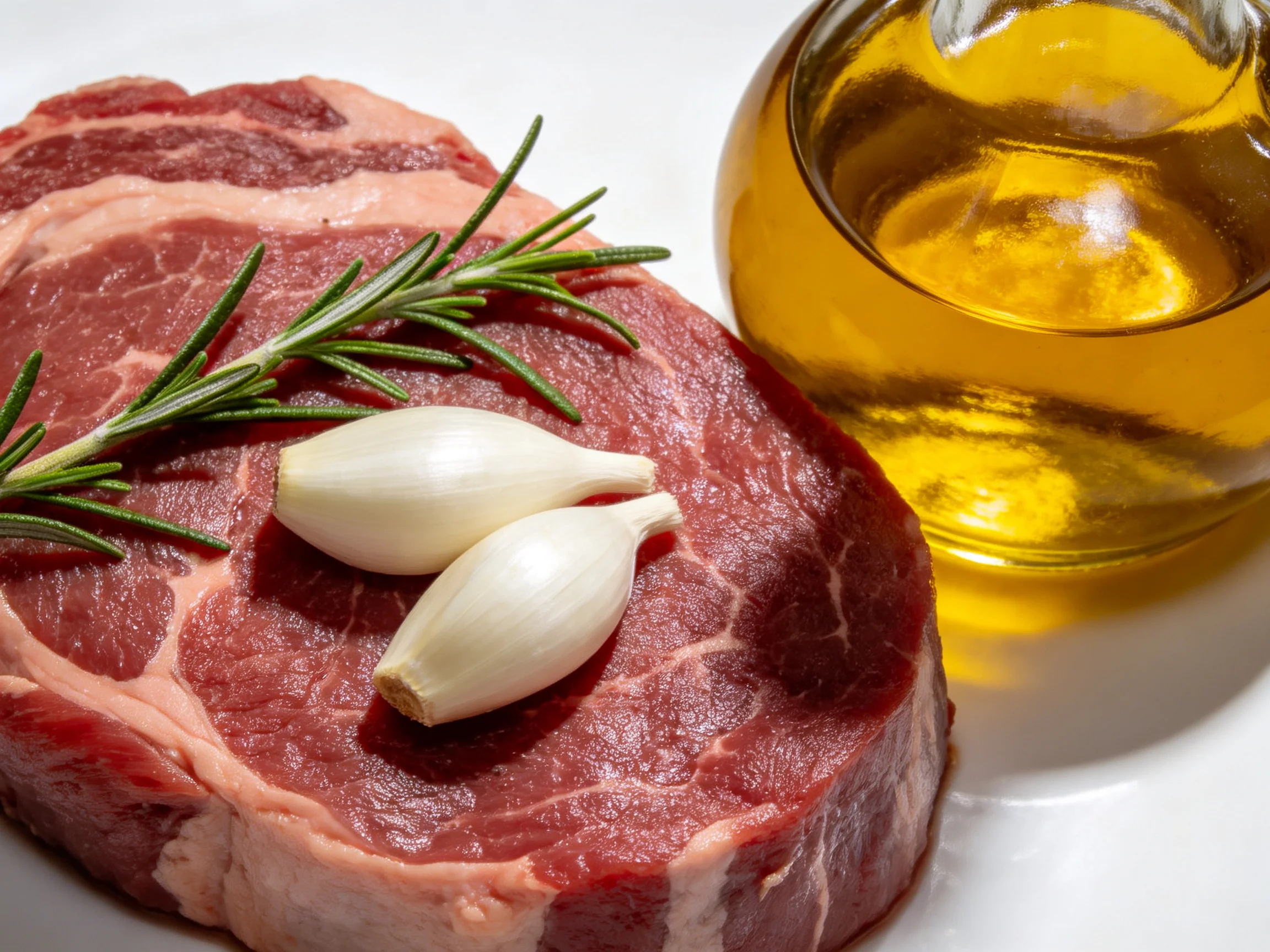 A fresh raw steak with rosemary, garlic, and golden olive oil