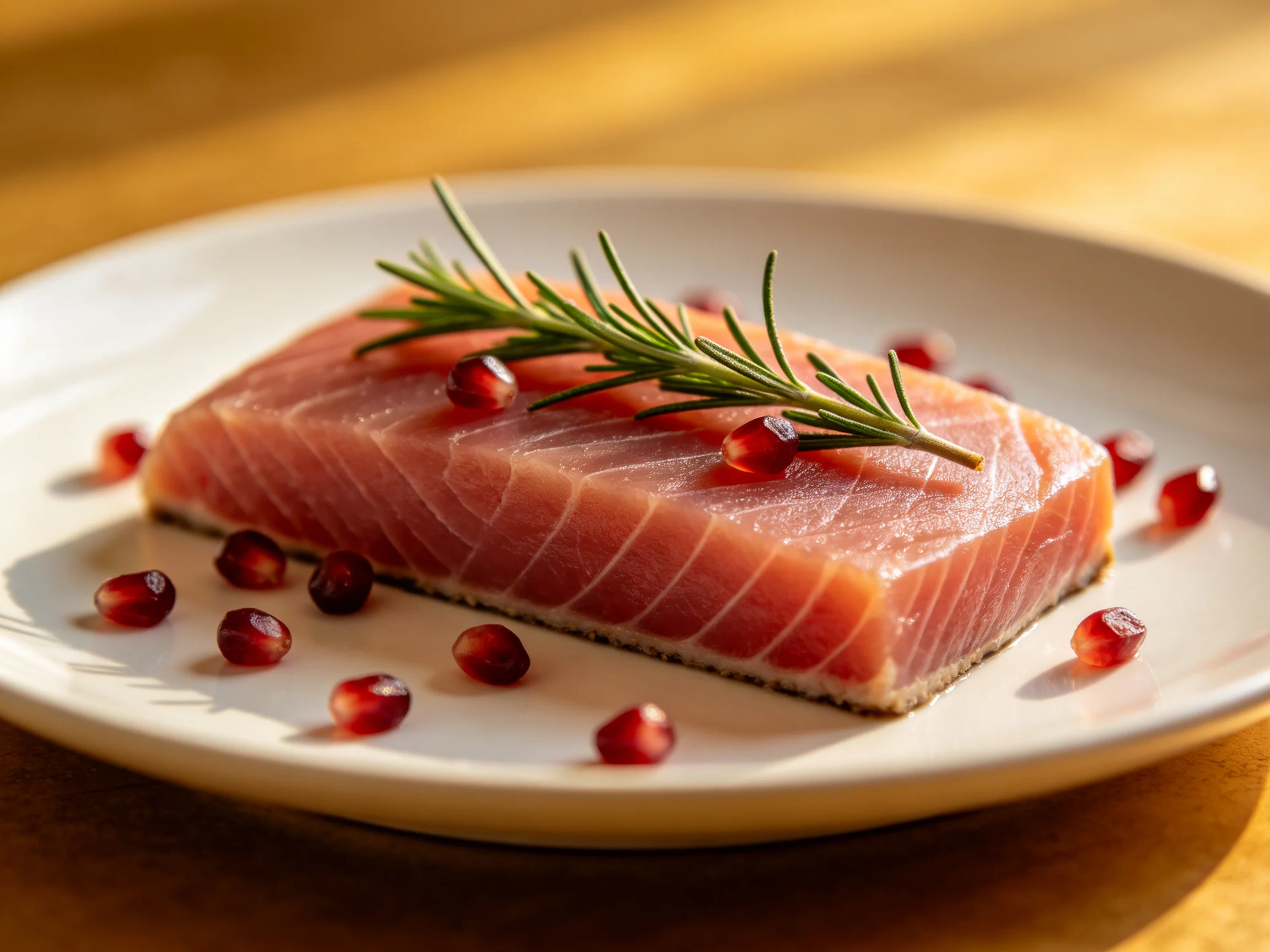 A fresh salmon fillet garnished with rosemary and pomegranate seeds on a white plate
