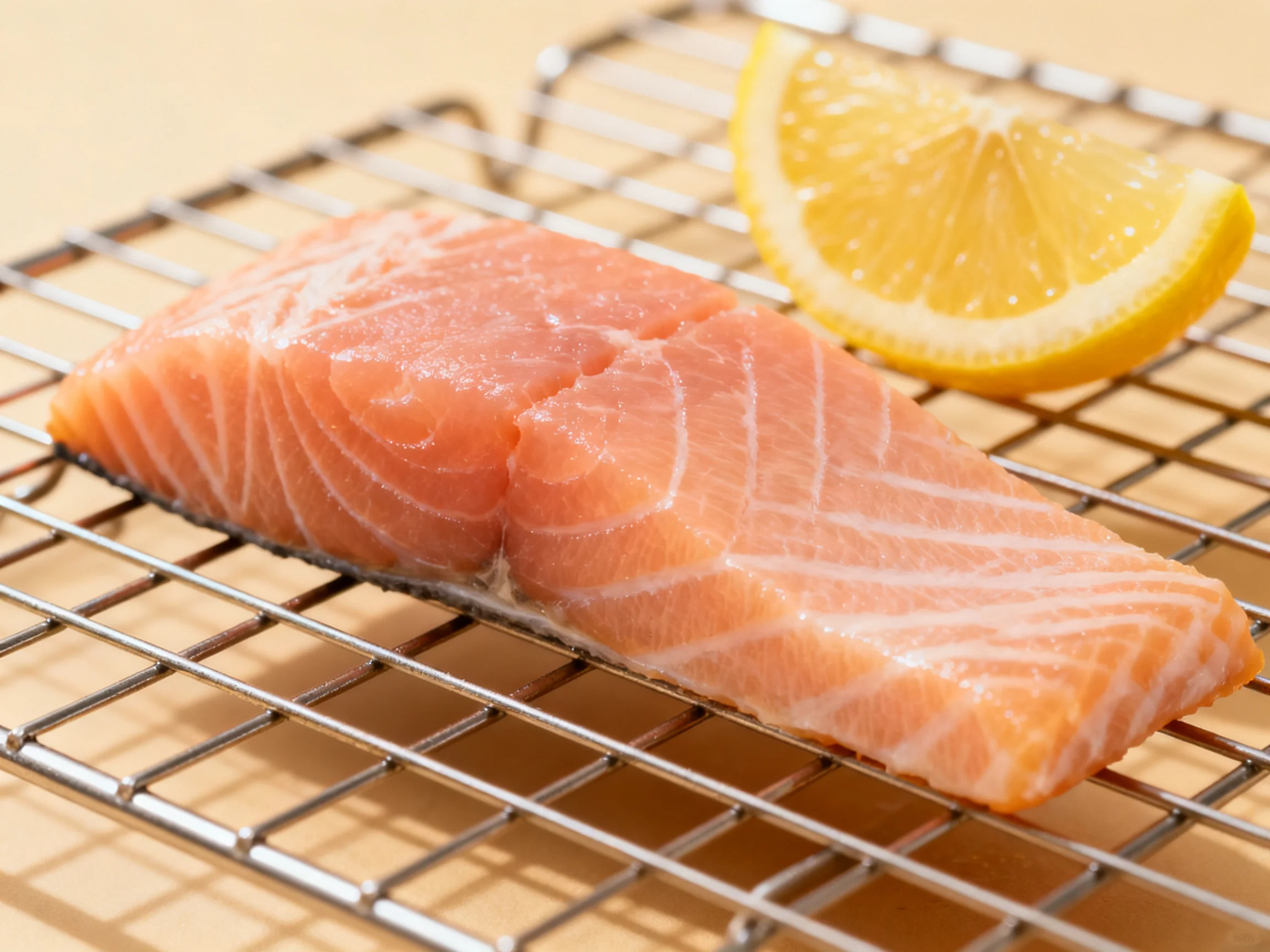A fresh salmon fillet with lemon slice on a metal rack