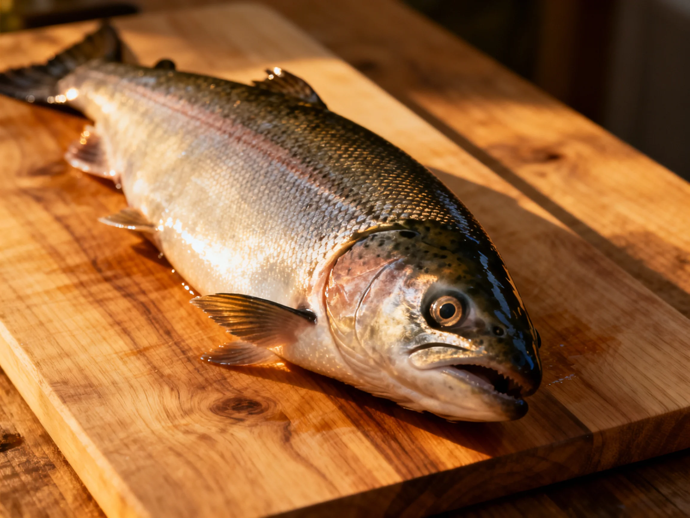 A fresh whole fish displayed on a polished wooden cutting board