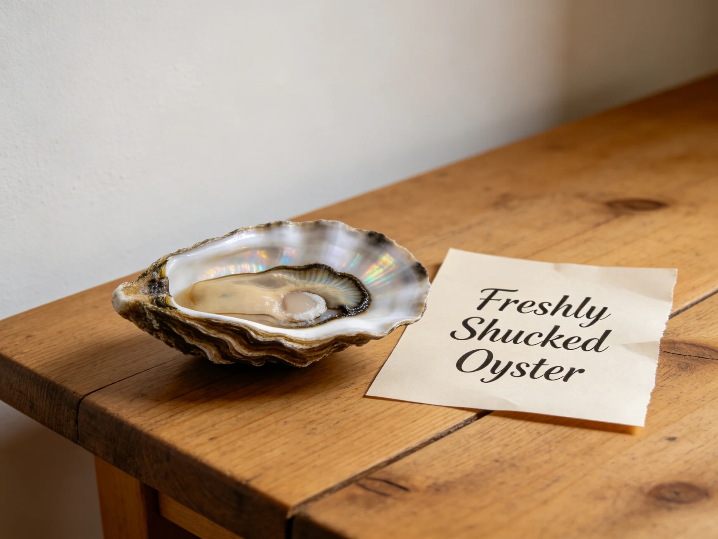 A freshly shucked oyster shell on a rustic wooden table with a handwritten note
