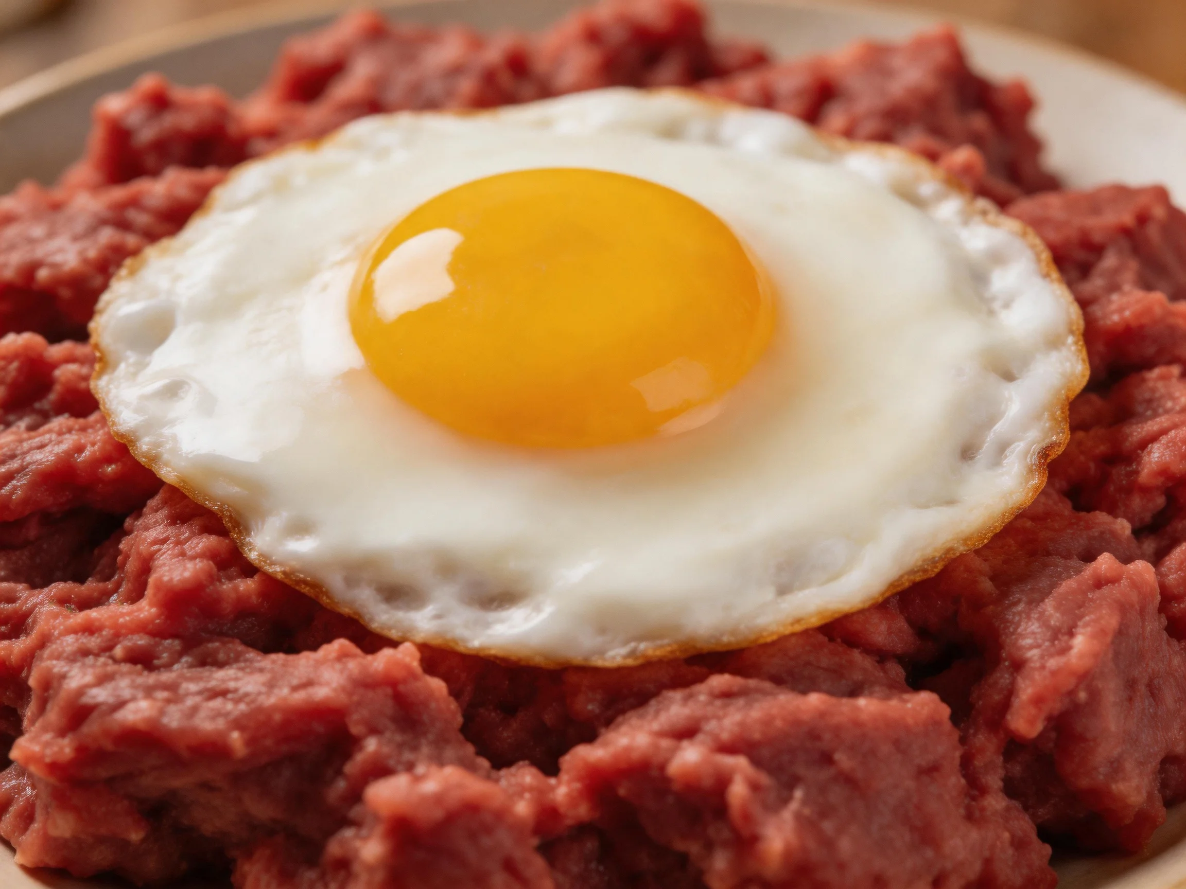 A fried egg centered on seasoned ground meat