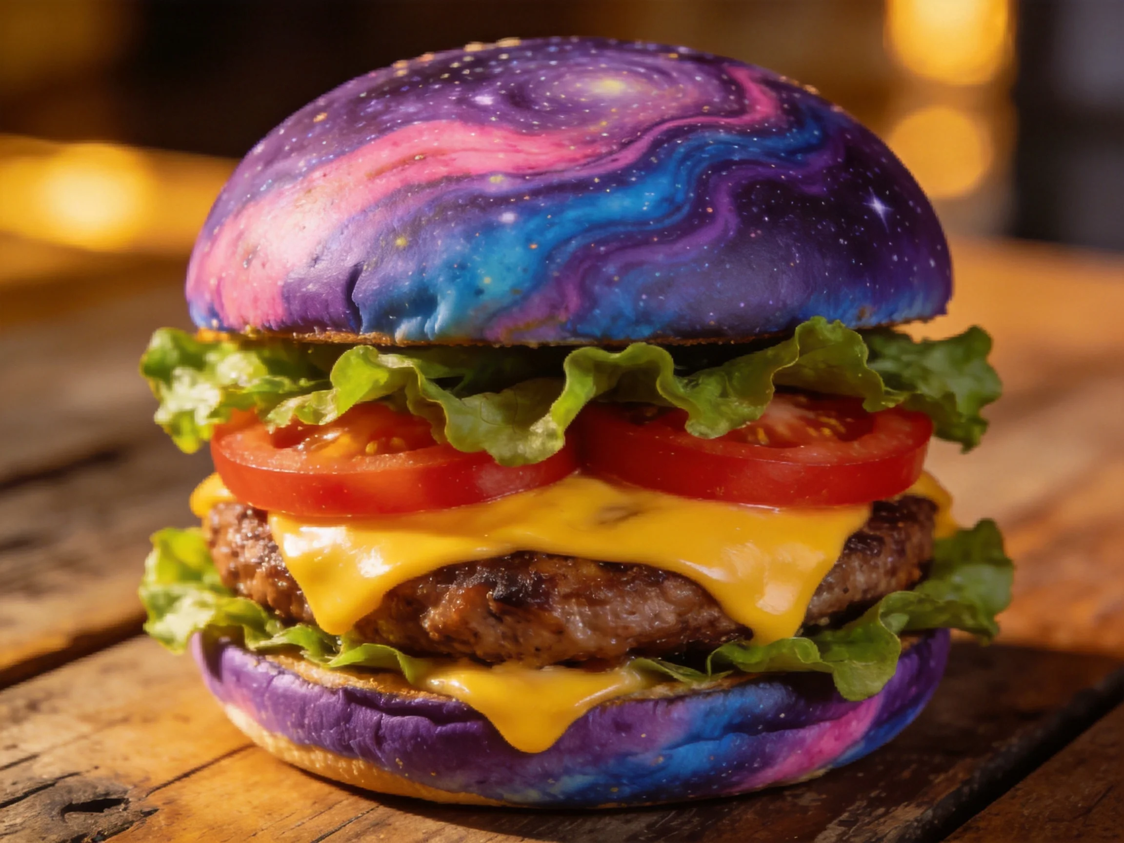 A galaxy-themed burger with vibrant purple,blue, pink buns, lettuce, tomato, and cheese