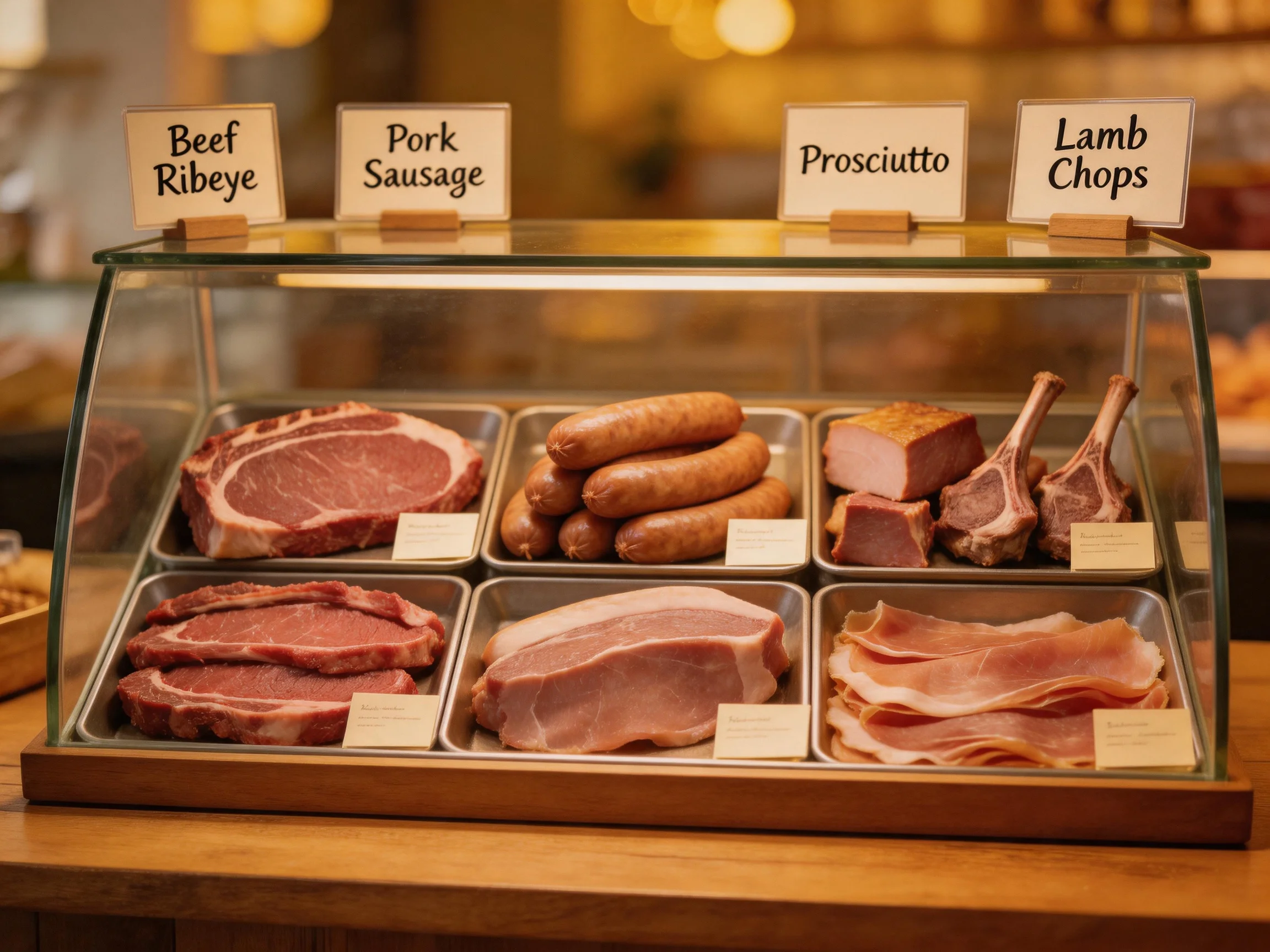 A glass deli case holds assorted raw meats with labeled sections