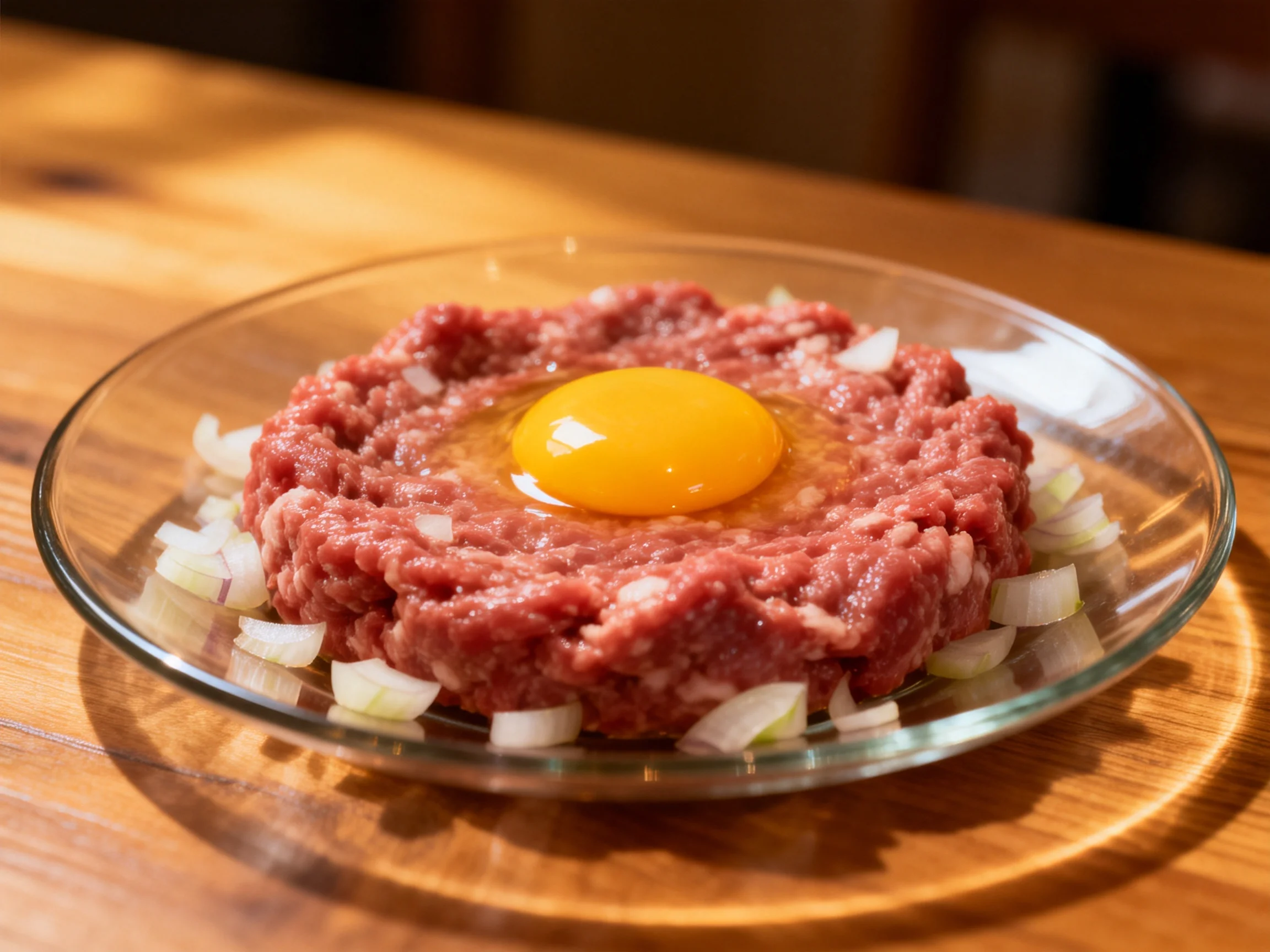 A glass dish holds raw ground beef with a central egg yolk and onion slices.