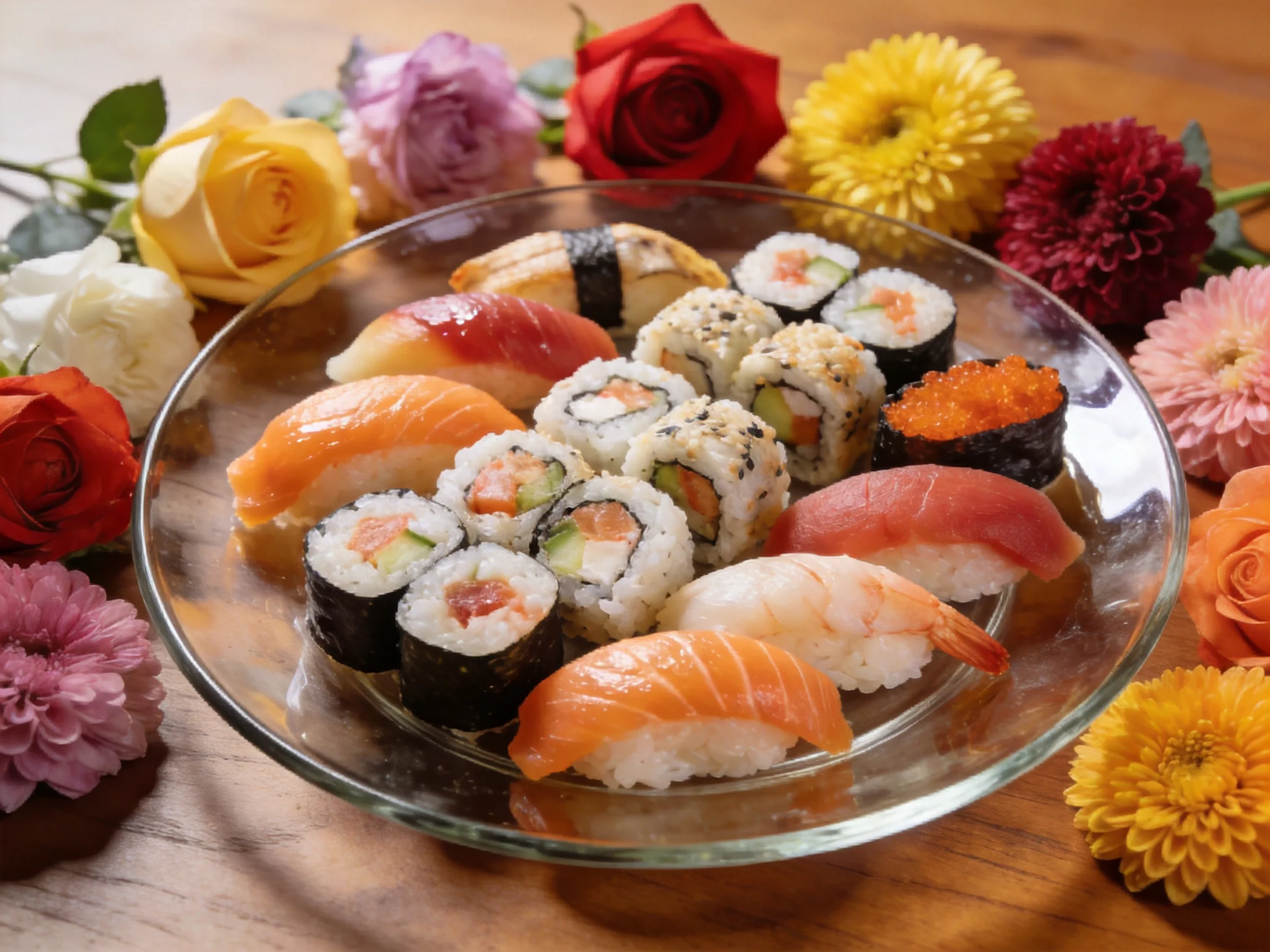 A glass dish with assorted sushi and colorful flowers