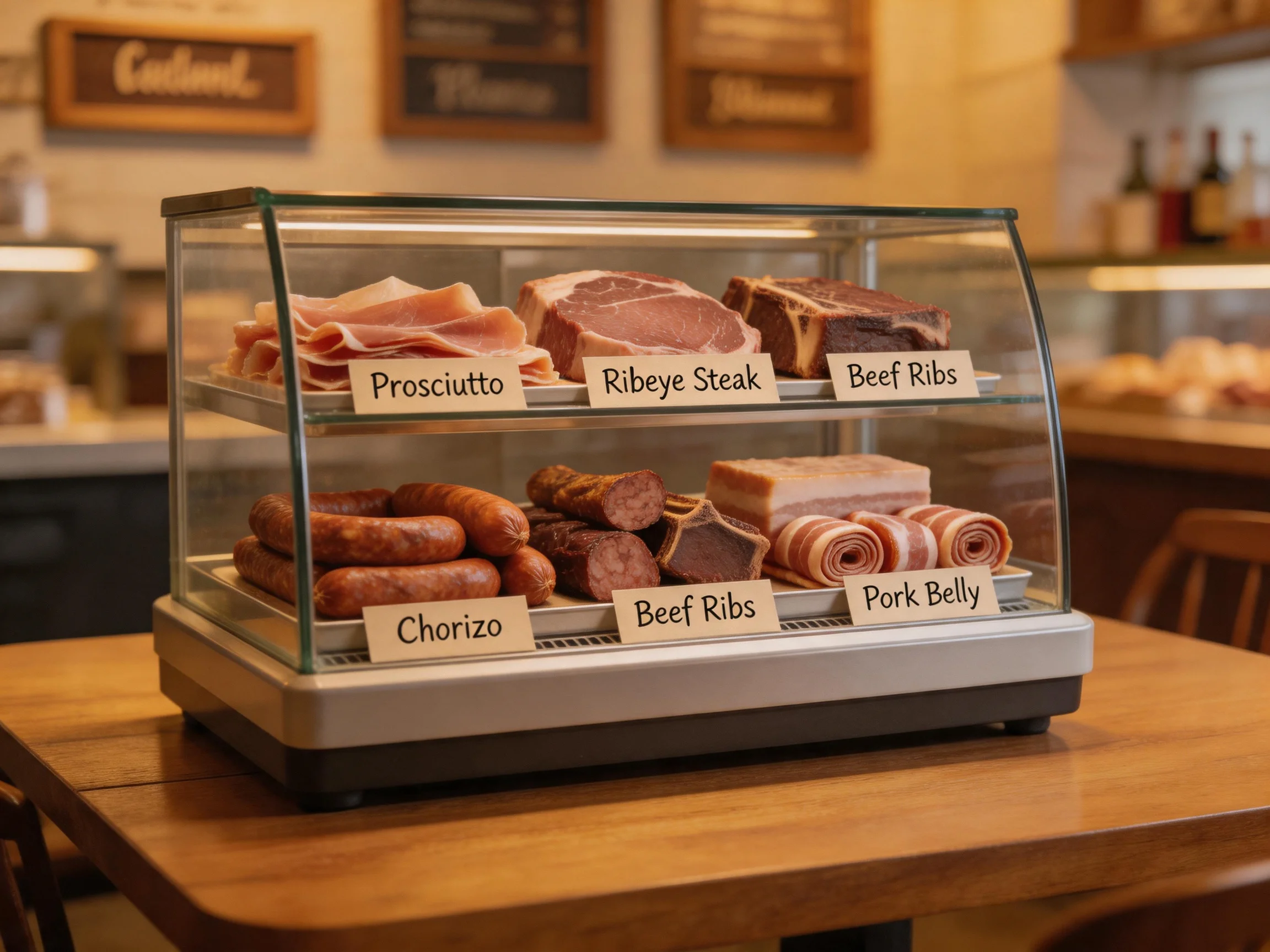 A glass display case holds assorted cured meats like prosciutto and chorizo