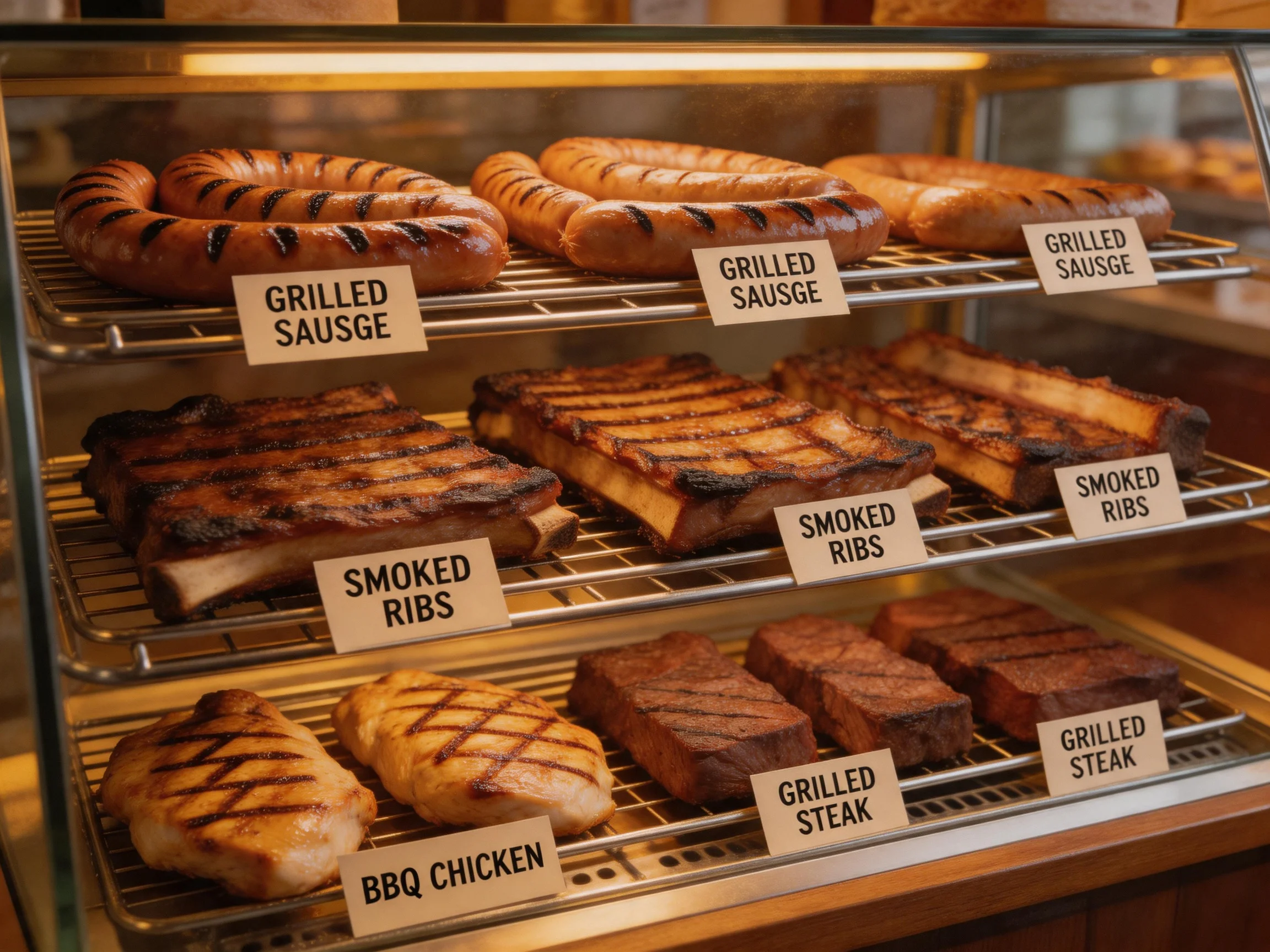 A glass display case presents assorted grilled meats with signage