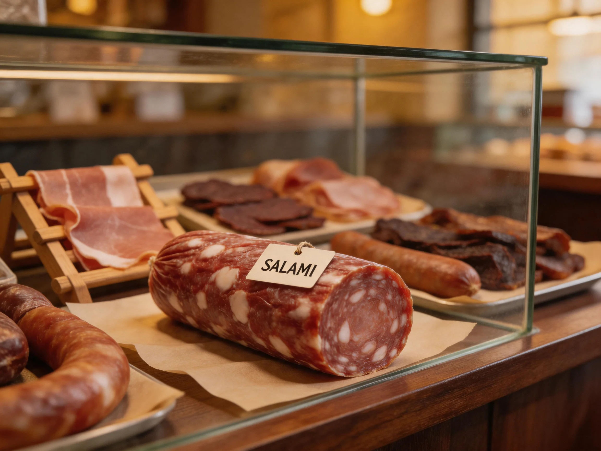 A glass display case showcases assorted cured meats including salami and sliced hams