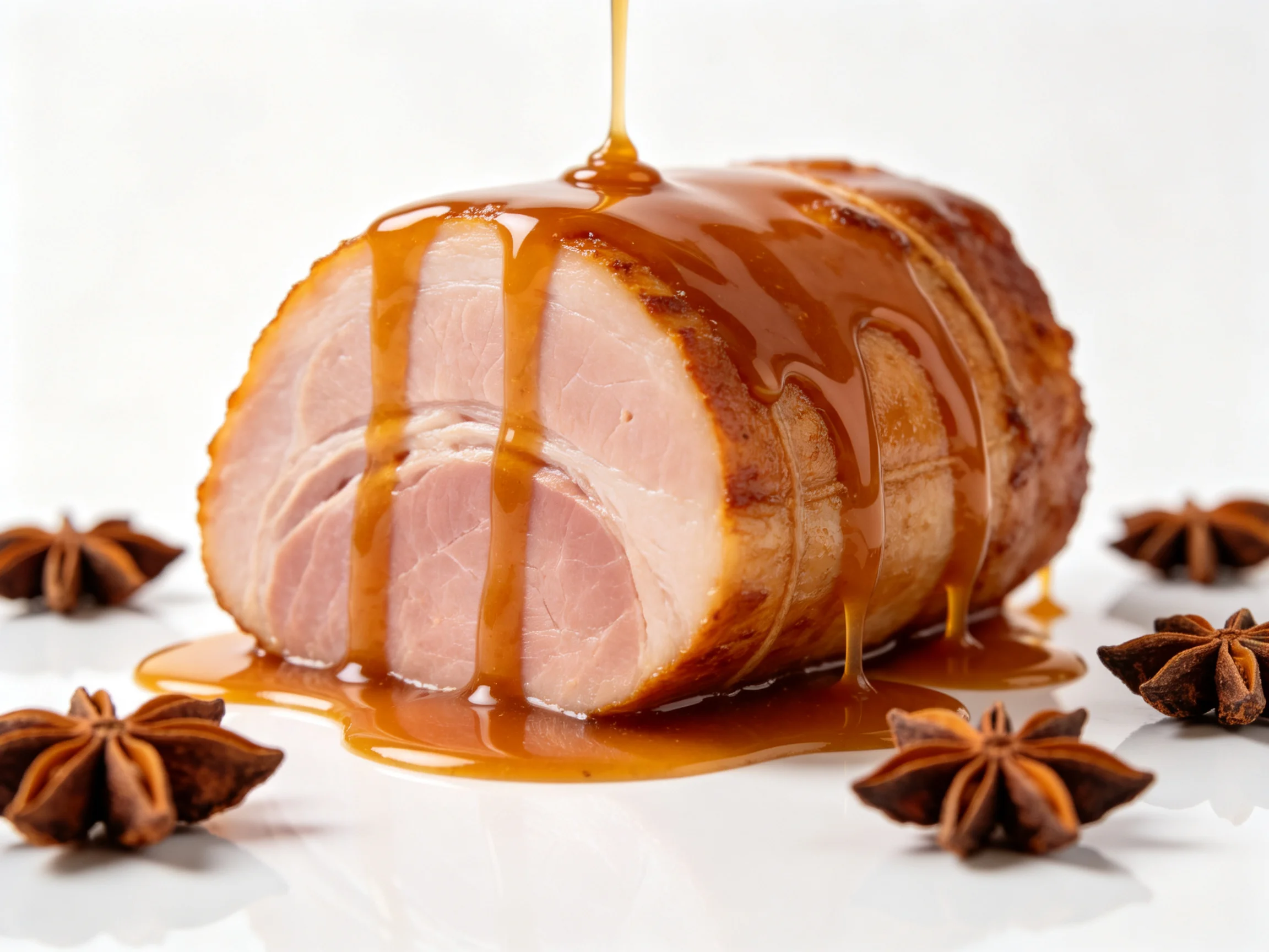 A glazed roasted pork roast drizzled with caramel sauce and star anise spices