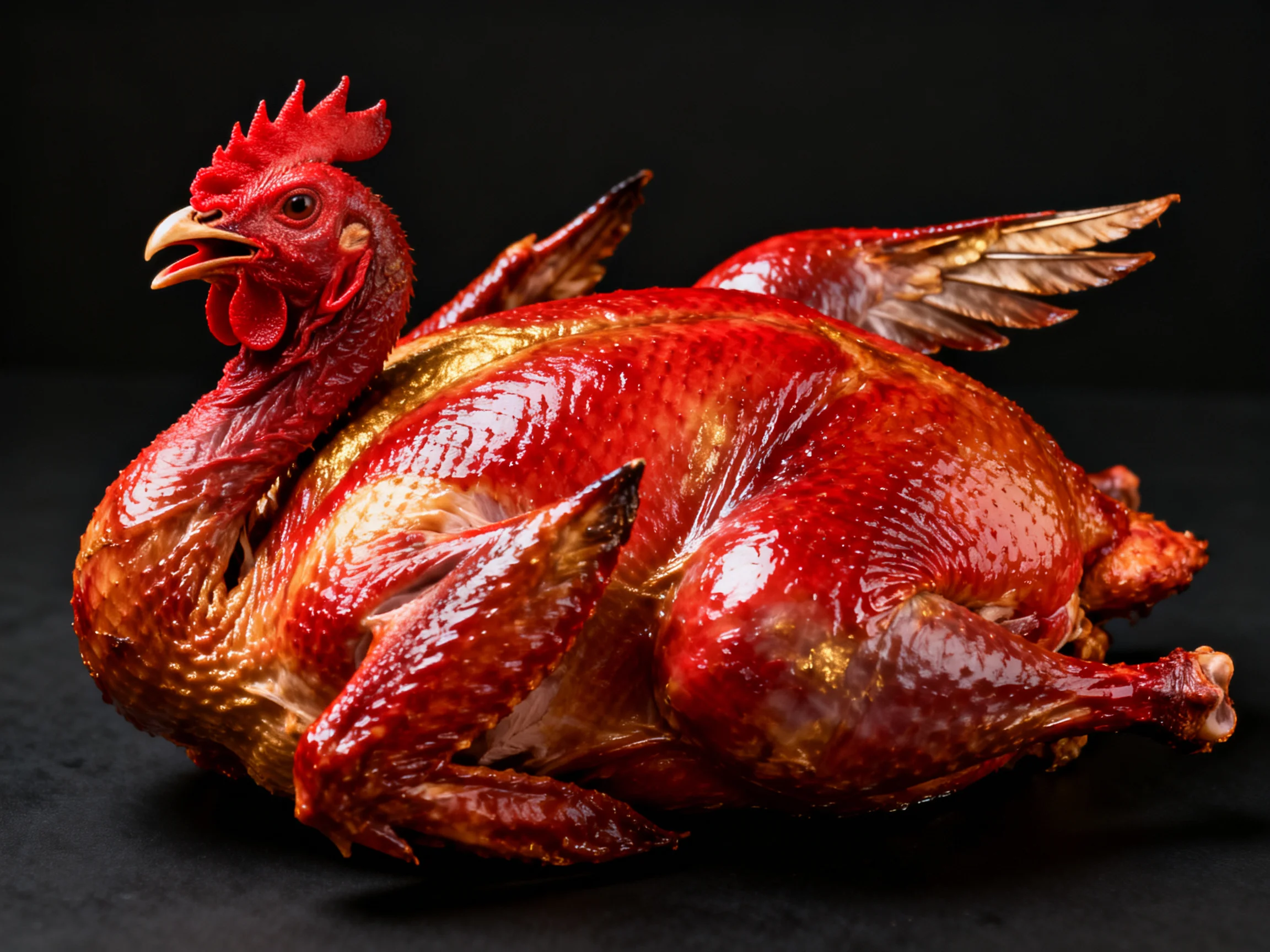 A glossy, deep-red roasted chicken posed on a dark surface