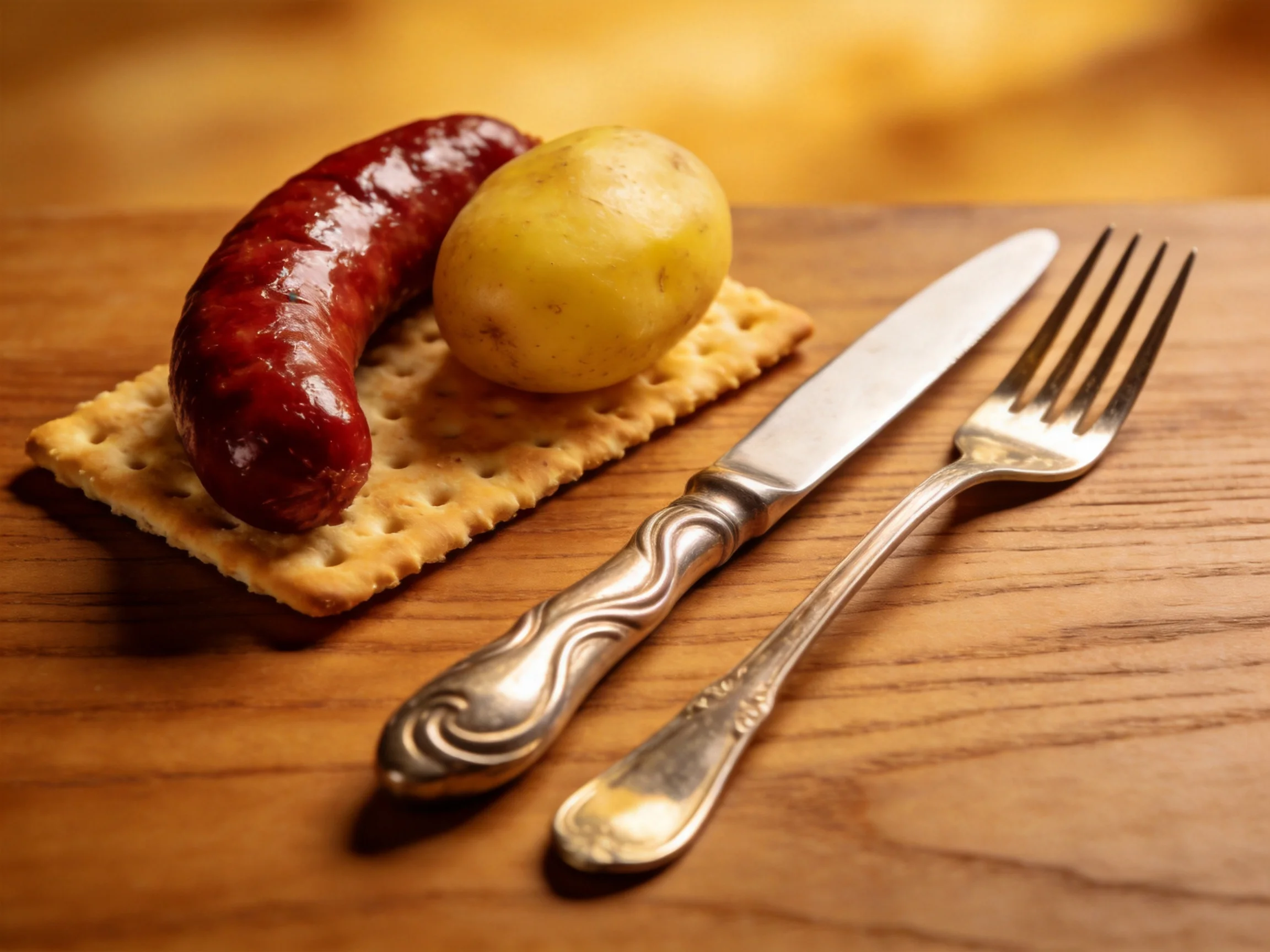 A glossy red sausage, potato, and cracker with silverware on wooden surface