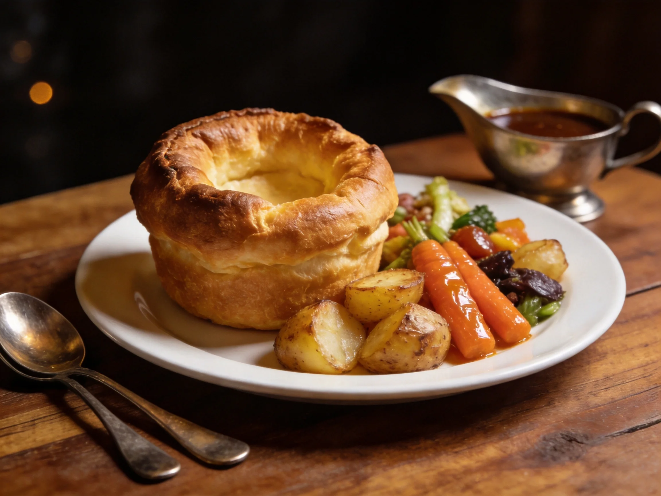 A golden Yorkshire pudding with roasted potatoes and mixed vegetables