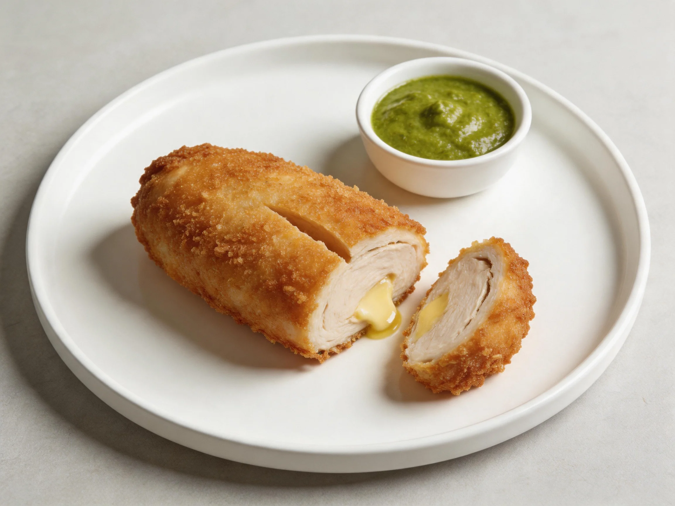 A golden-brown breaded chicken roll with melted cheese and green sauce