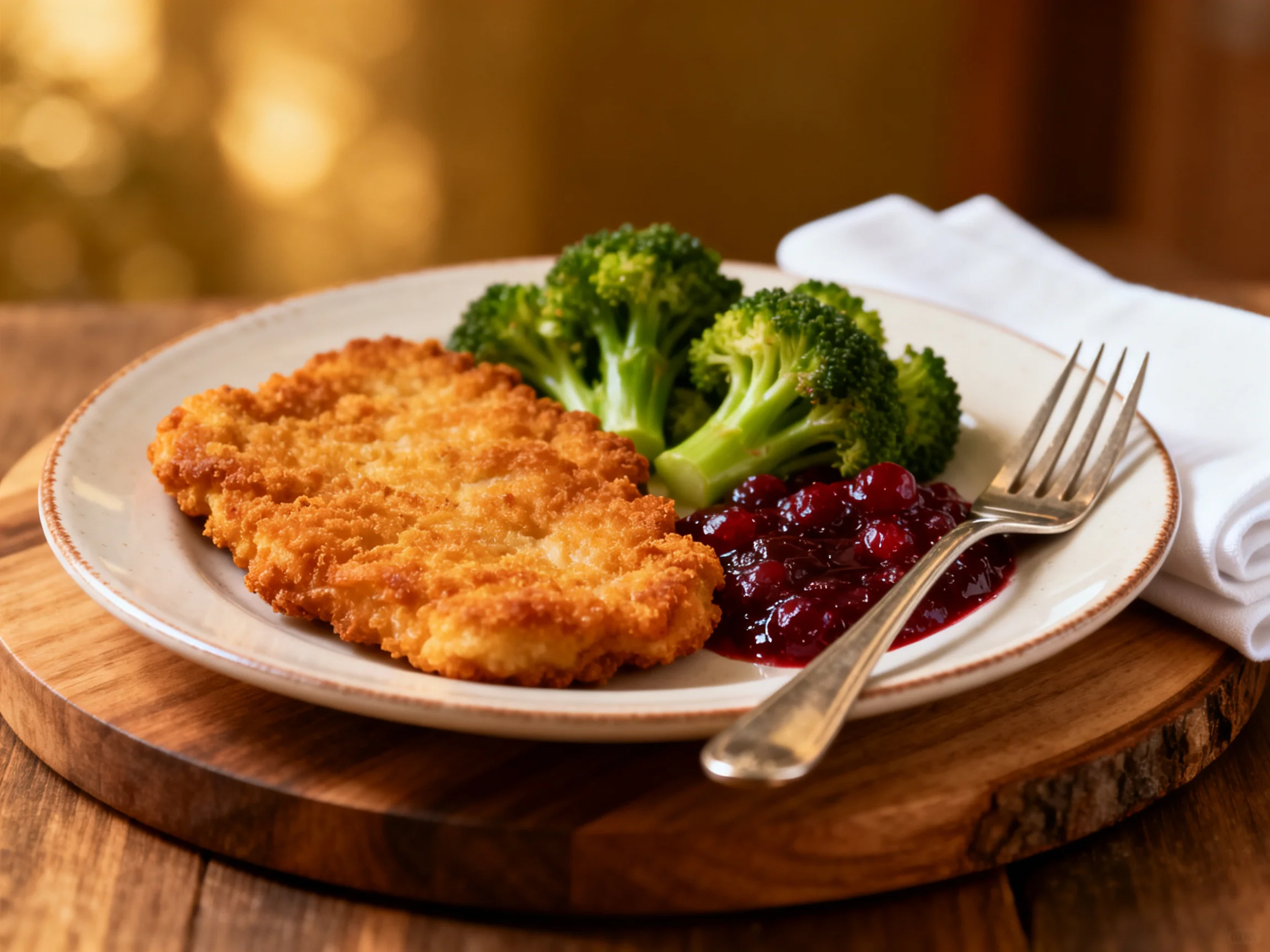A golden-brown breaded cutlet with broccoli and cranberry sauce on a white plate