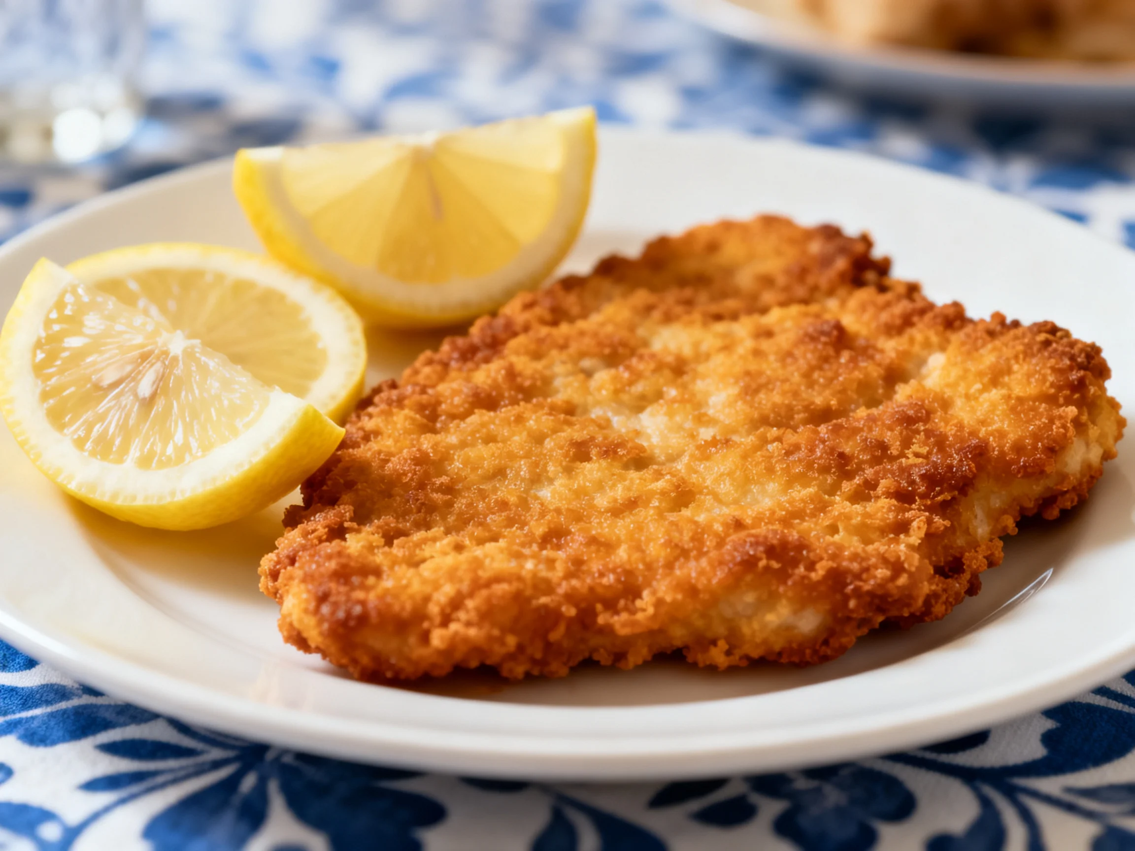 A golden-brown breaded cutlet with two lemon wedges on a white plate