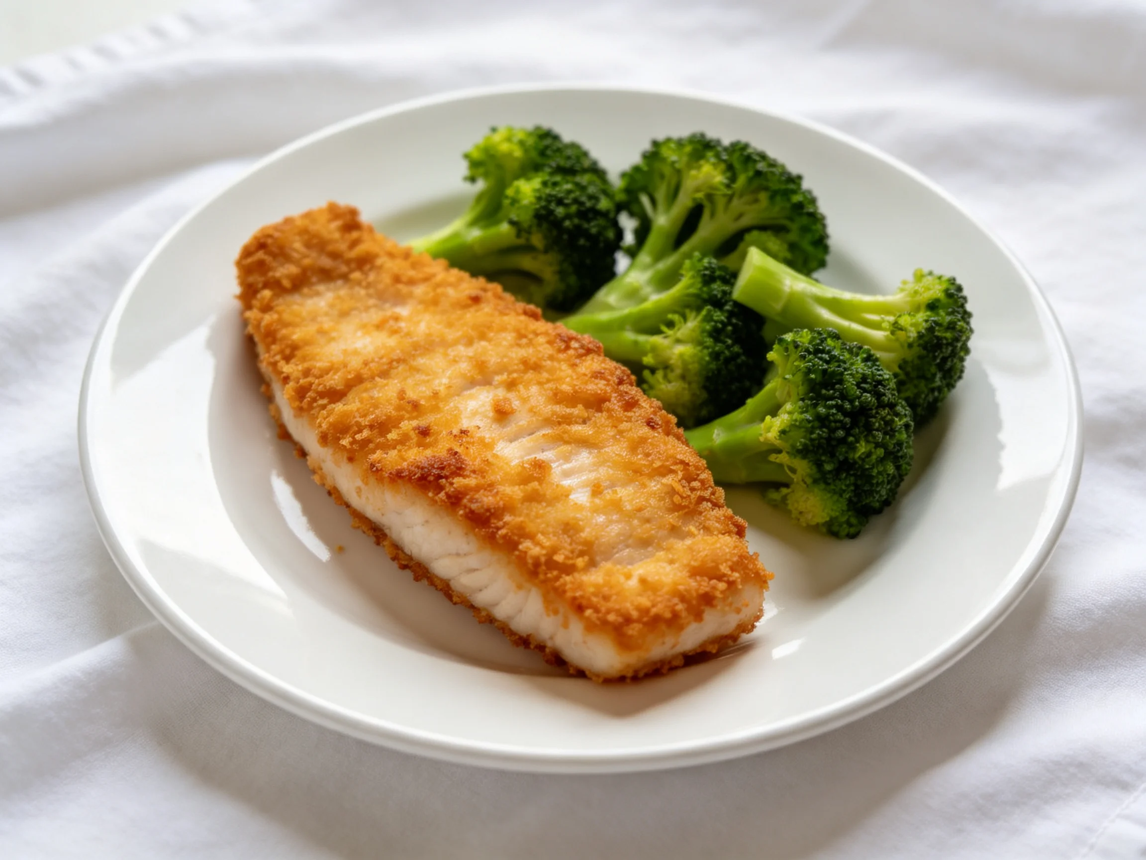 A golden-brown breaded fish fillet with steamed broccoli on a white plate