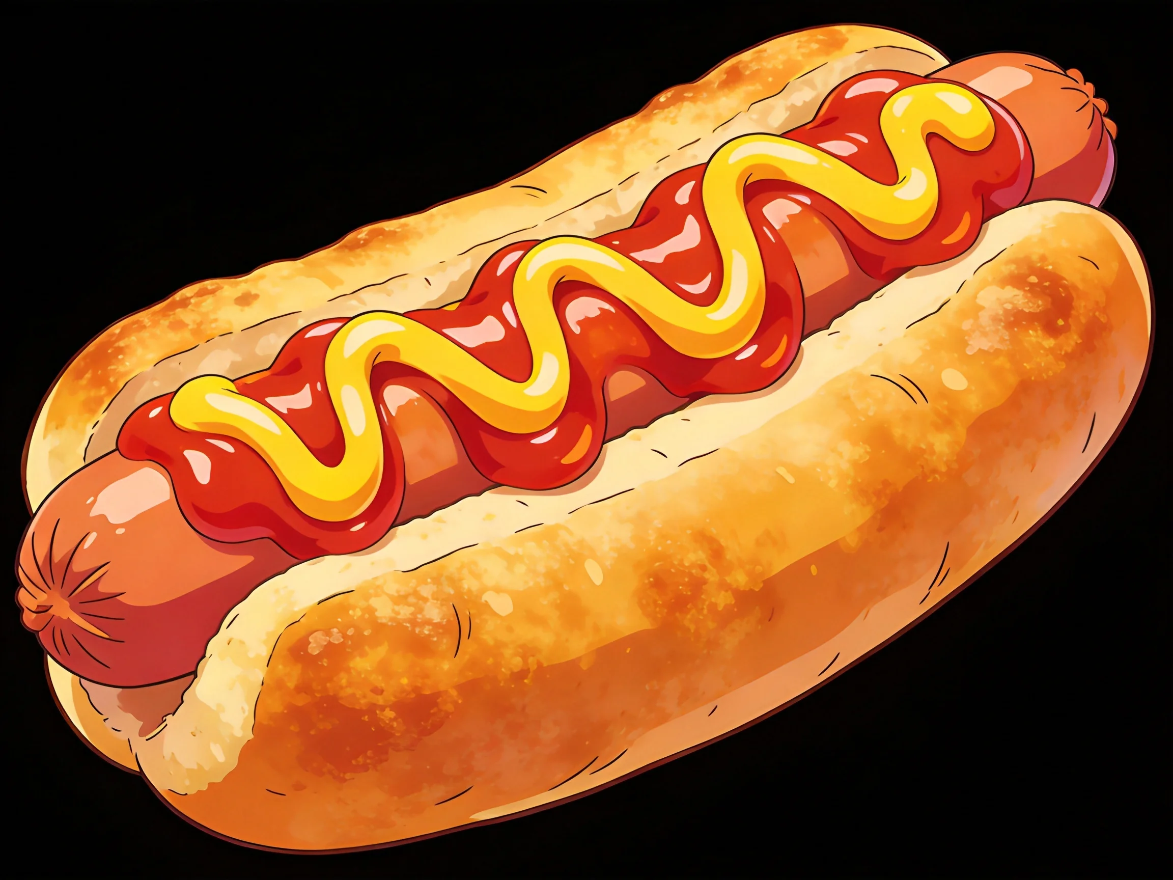 A golden-brown bun encases a sausage with red ketchup and yellow mustard