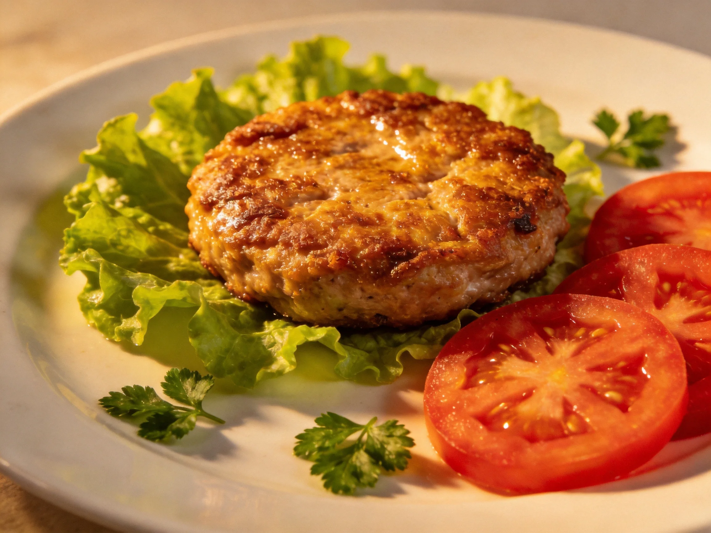 A golden-brown burger patty served with fresh lettuce and tomato slices