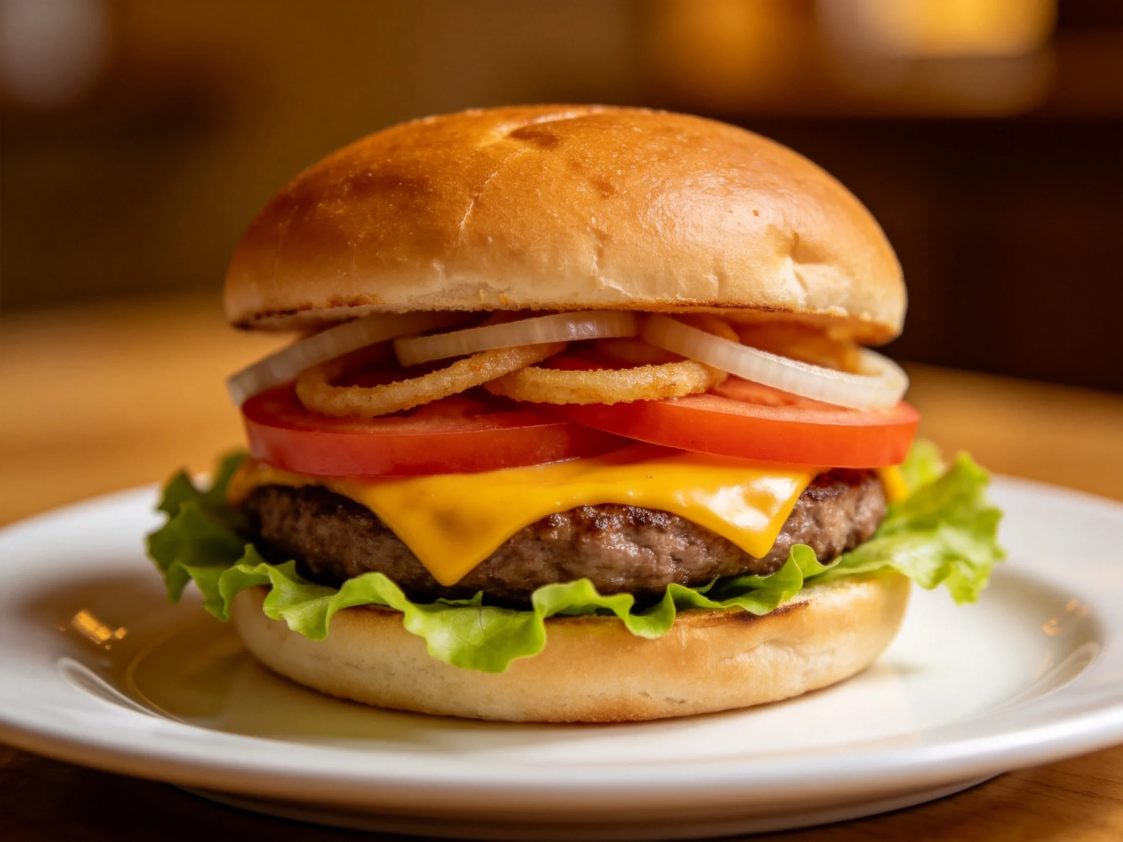 A golden-brown burger with cheese, tomato, onion rings, lettuce, and bun