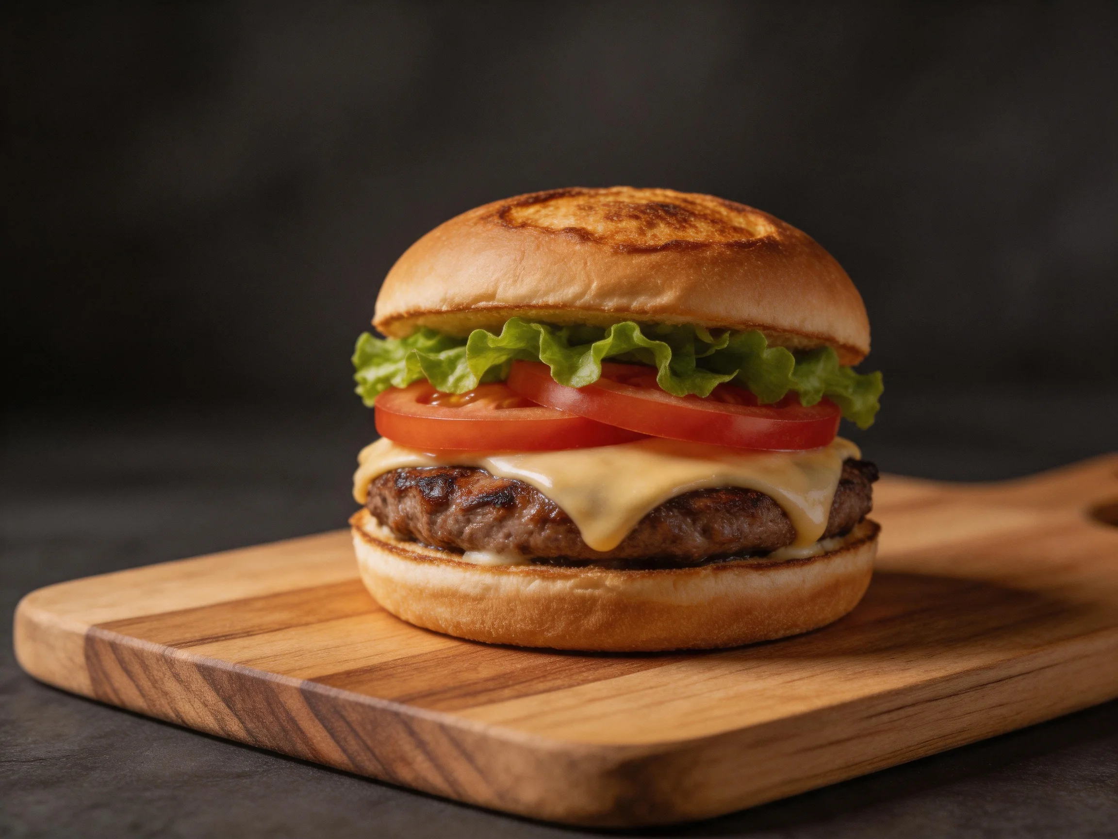 A golden-brown burger with fresh greens and melted cheese