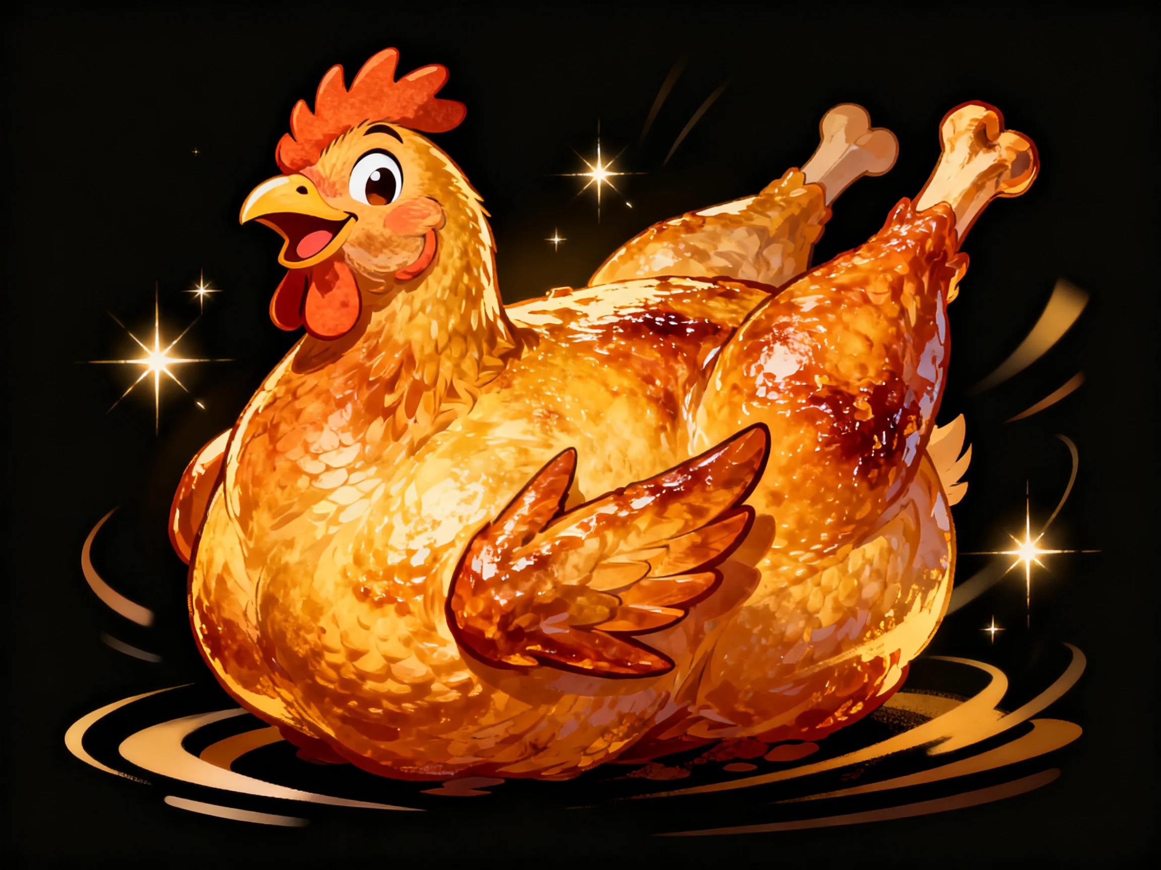 A golden-brown cartoon chicken with fried appendages, sparkling effects