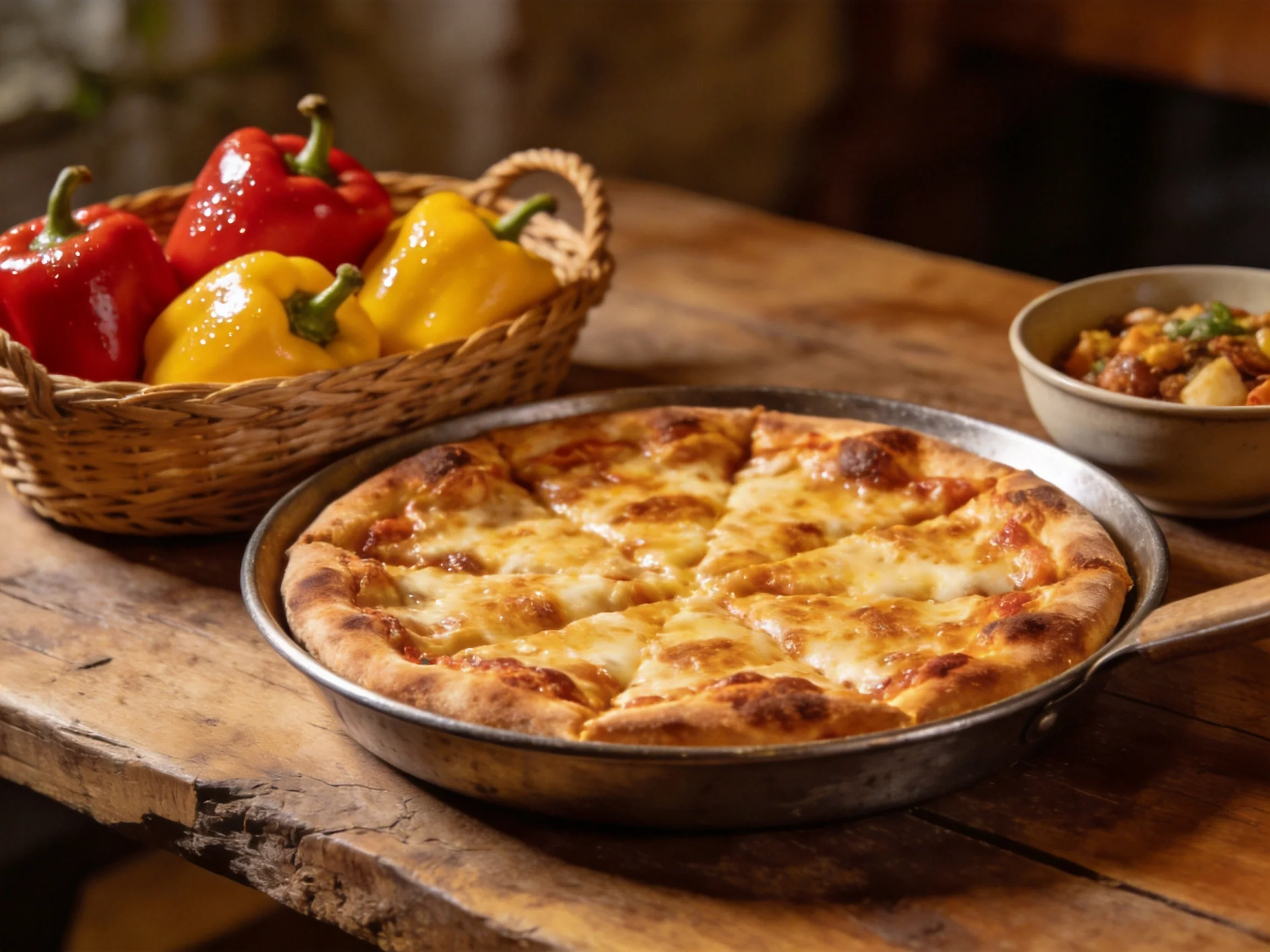 A golden-brown cheese pizza sits beside red and yellow bell peppers on a rustic wooden table