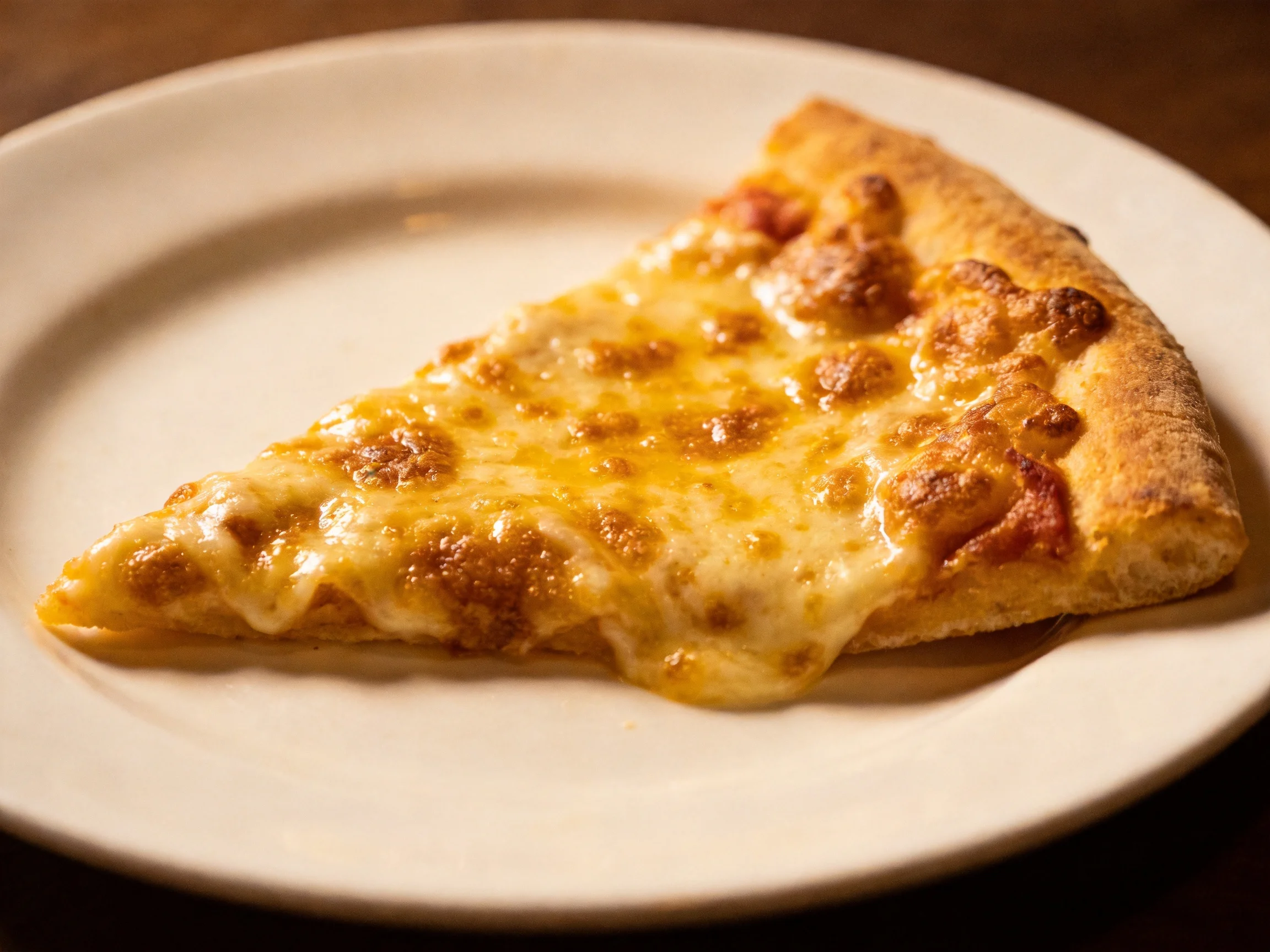A golden-brown cheese pizza slice served on a white plate