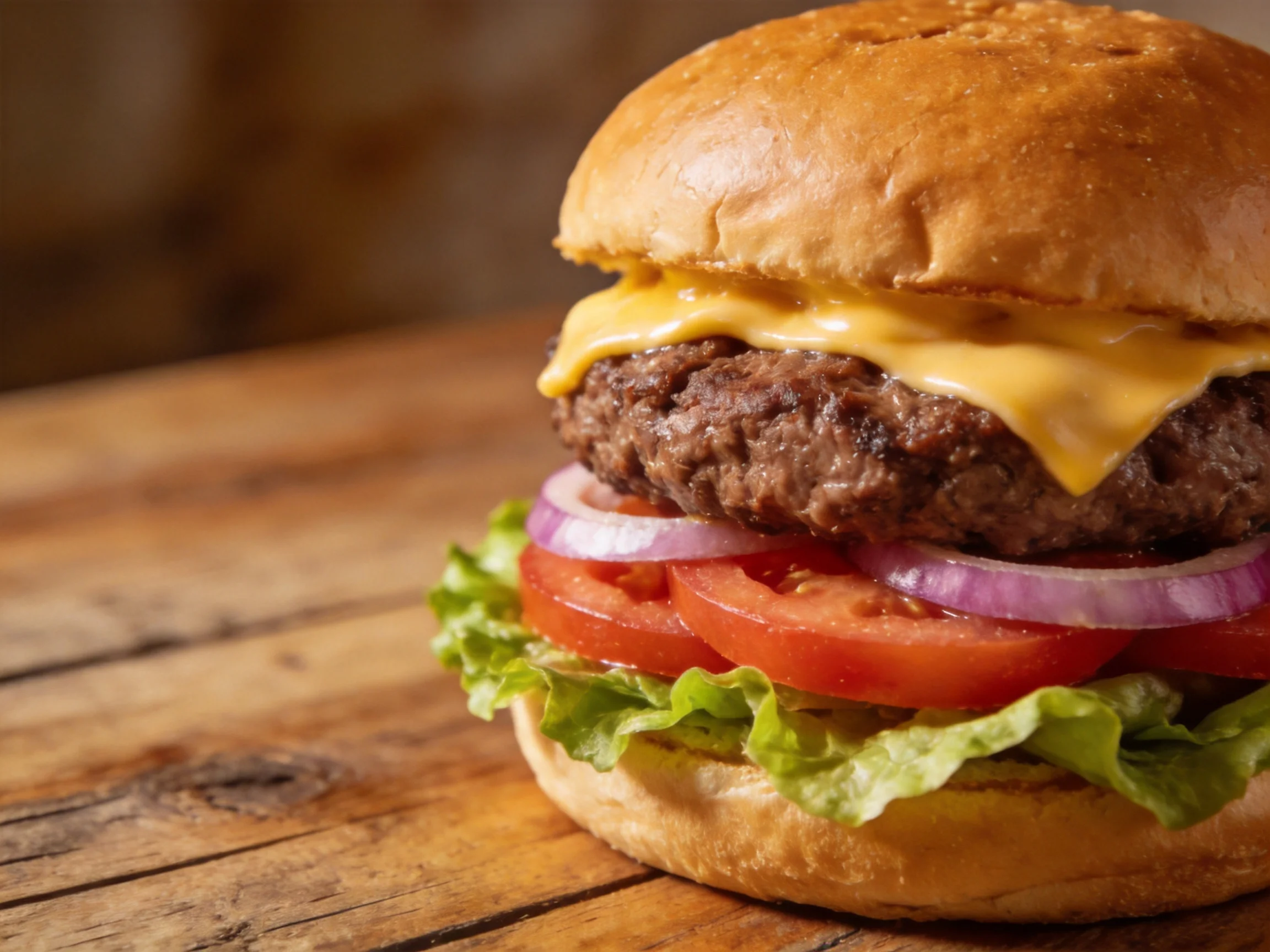 A golden-brown cheeseburger topped with fresh veggies and melted cheddar