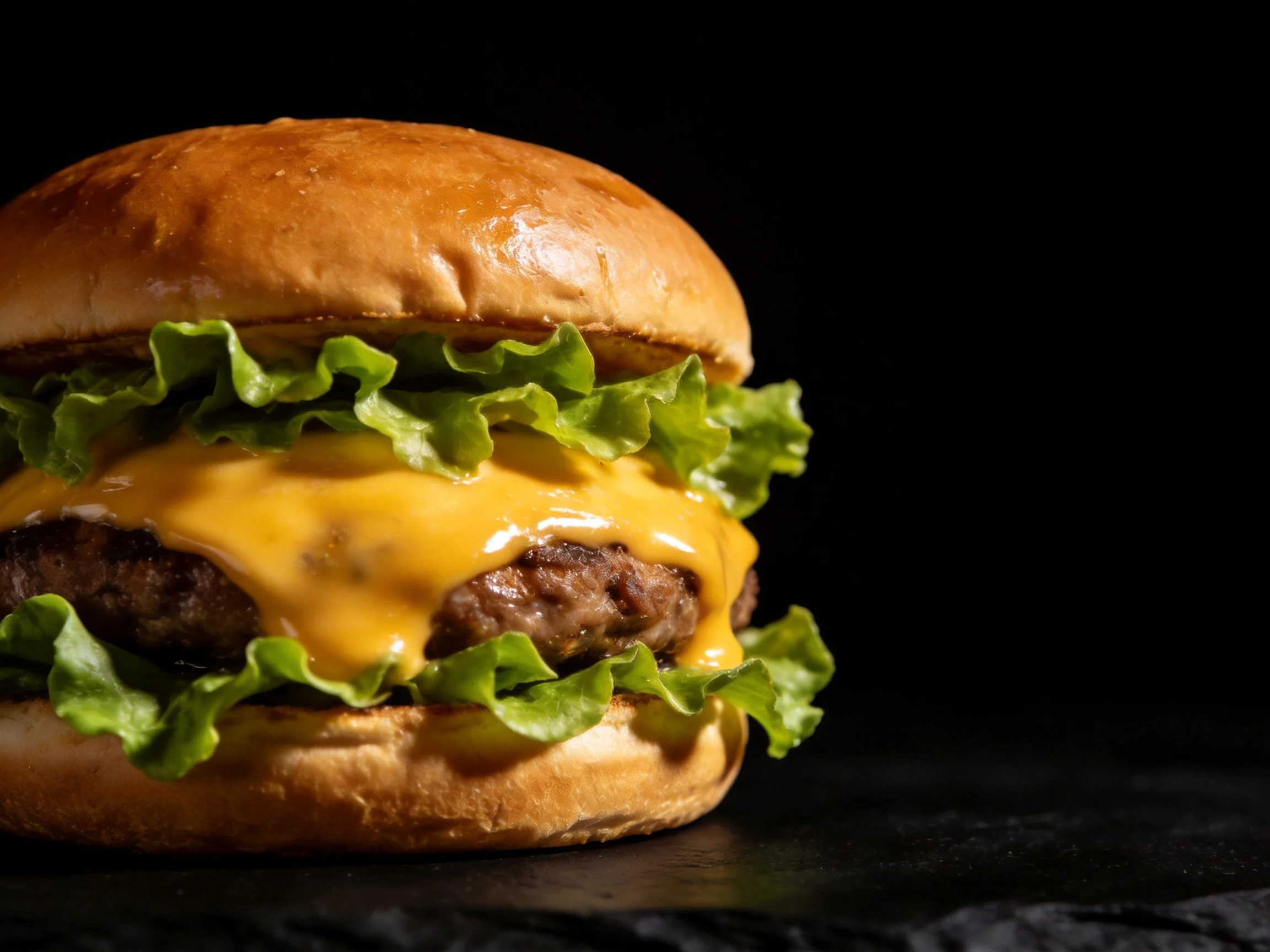 A golden-brown cheeseburger with melted cheddar and crisp lettuce