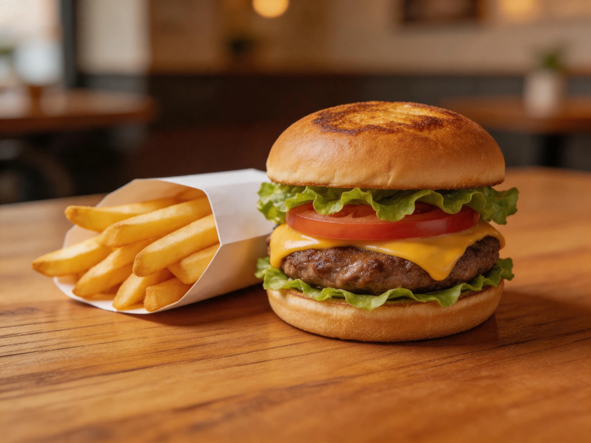 A golden-brown cheeseburger with melted cheese and crisp fries on a wooden table