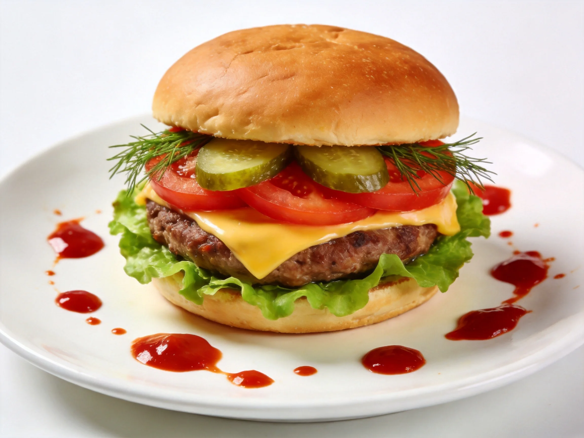 A golden-brown cheeseburger with pickles, tomatoes, and ketchup