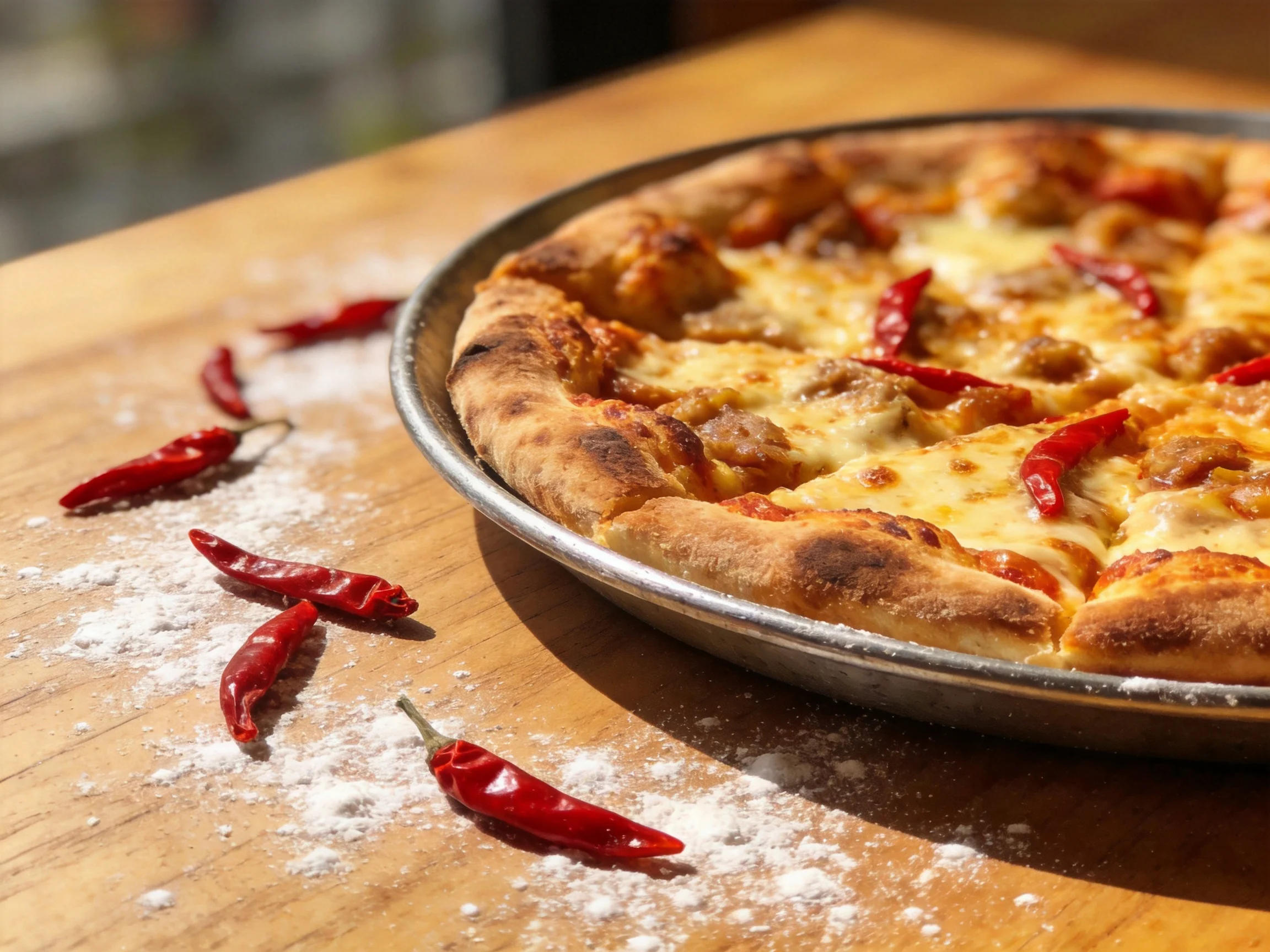 A golden-brown cheesy pizza with red pepper toppings sits beside red chili peppers and flour on a woo