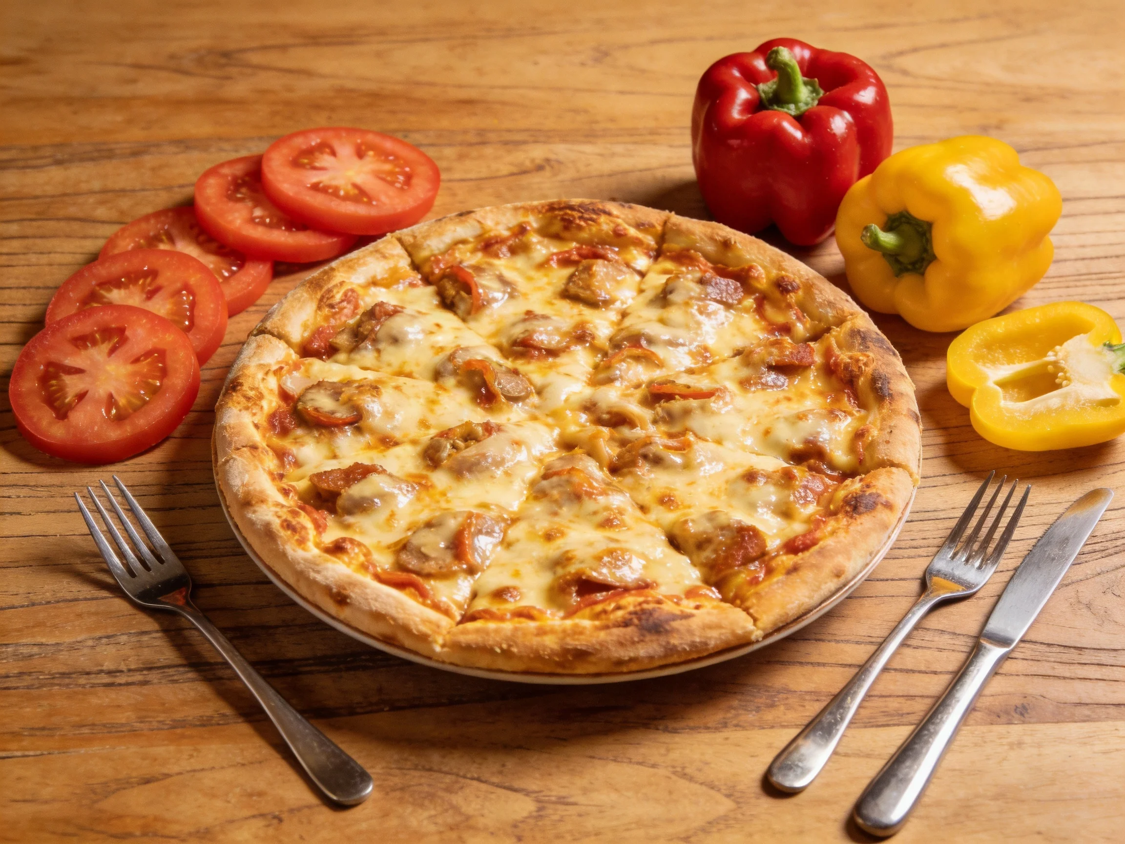 A golden-brown cheesy pizza with sliced red tomatoes, red and yellow bell peppers nearby