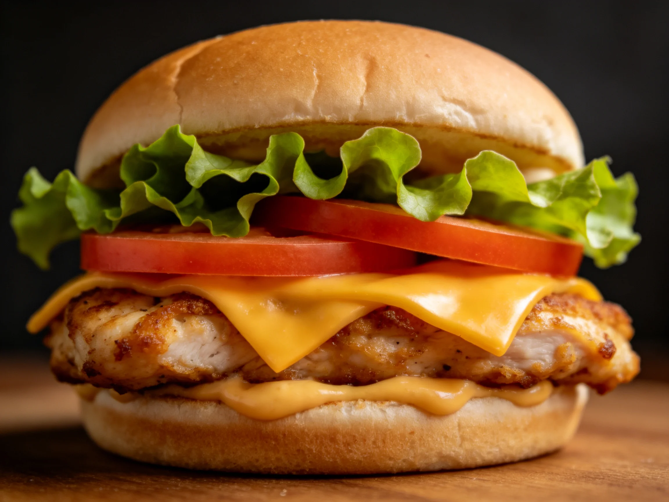 A golden-brown chicken burger with crisp lettuce, tomato, and melted cheese