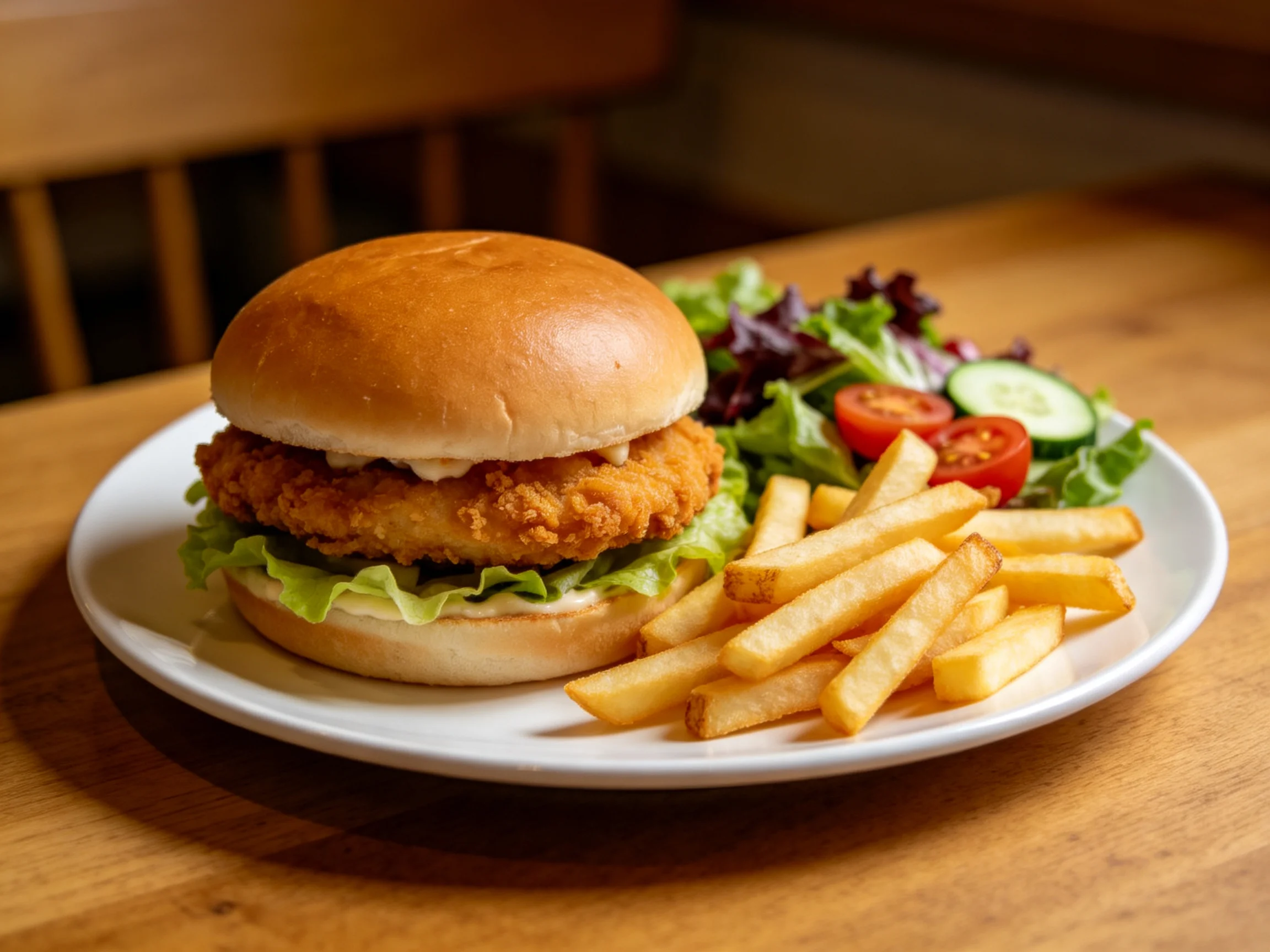 A golden-brown chicken sandwich with crispy fries and fresh salad