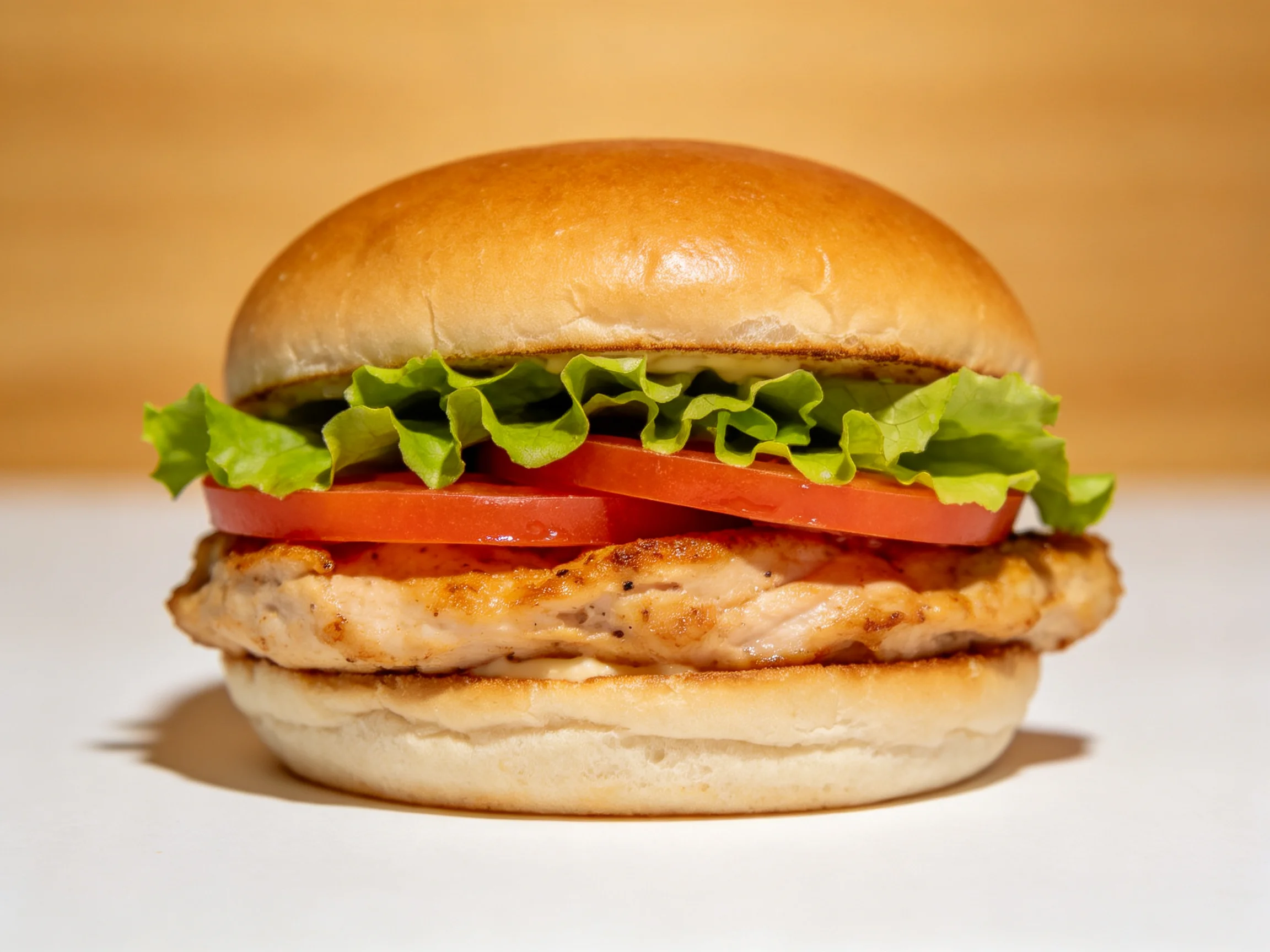 A golden-brown chicken sandwich with fresh lettuce and tomato
