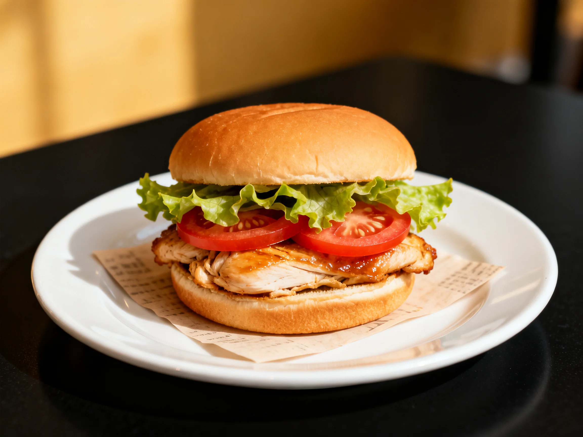 A golden-brown chicken sandwich with fresh tomato and crisp lettuce